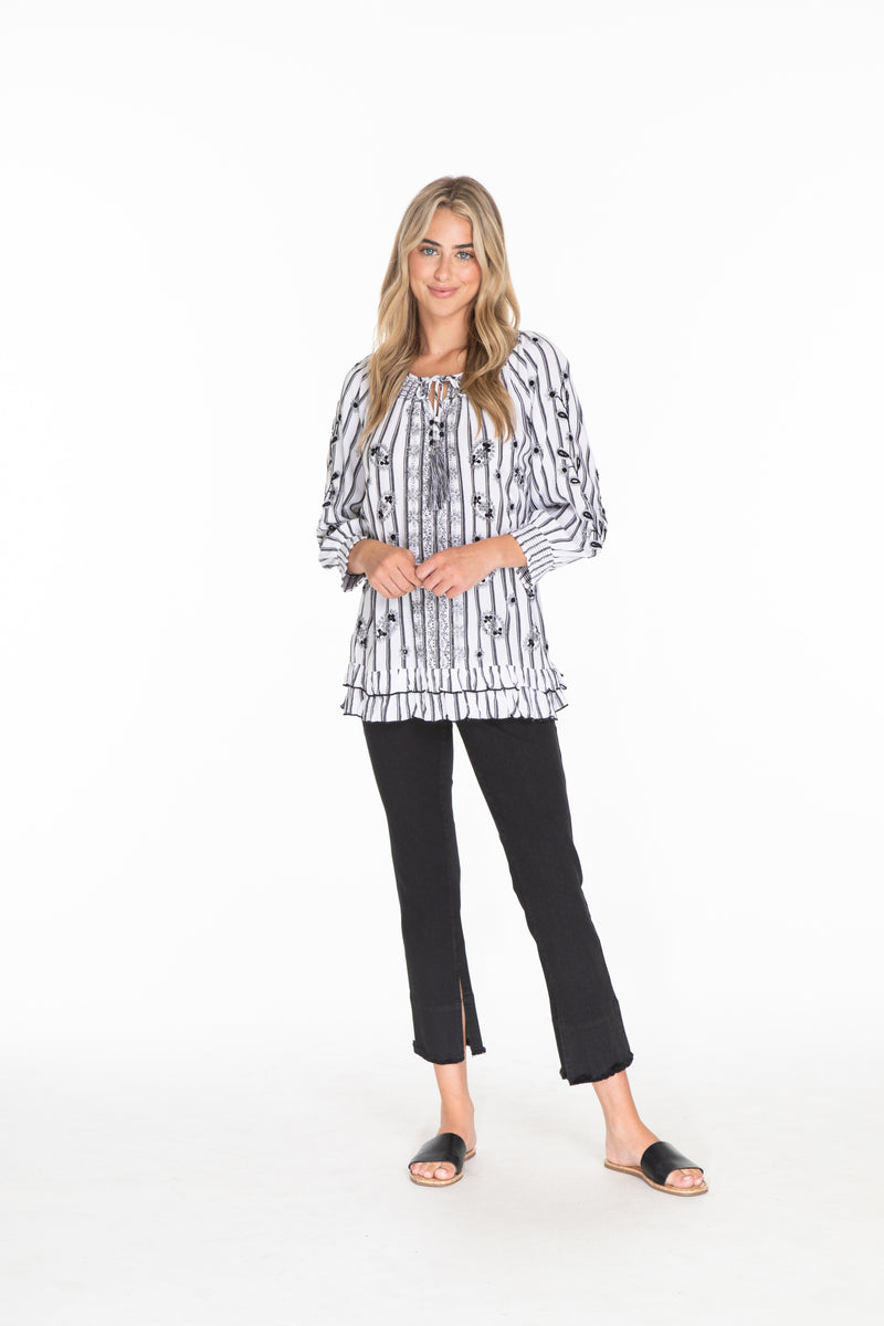 PEASANT TOP WITH SMOCKING AND EMBROIDERY - Black Stripe