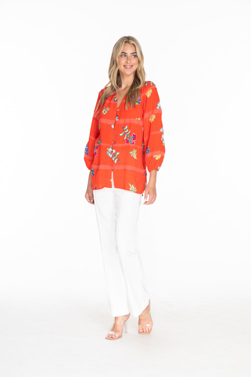 BUTTON FRONT PRINT TOP WITH EYELET INSETS - Multi