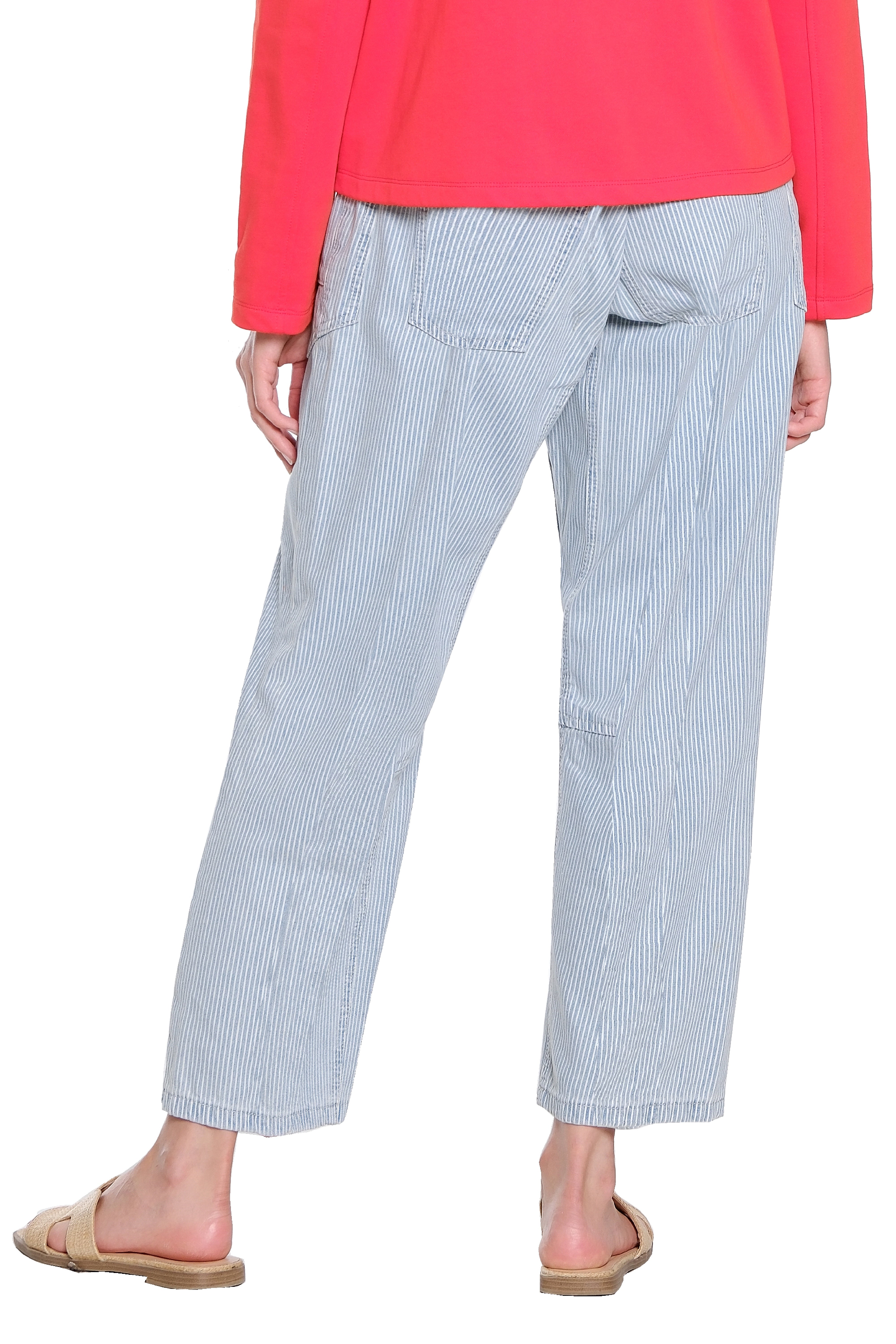 Striped Barrel Leg Pant with Tie Belt - Blue Stripe