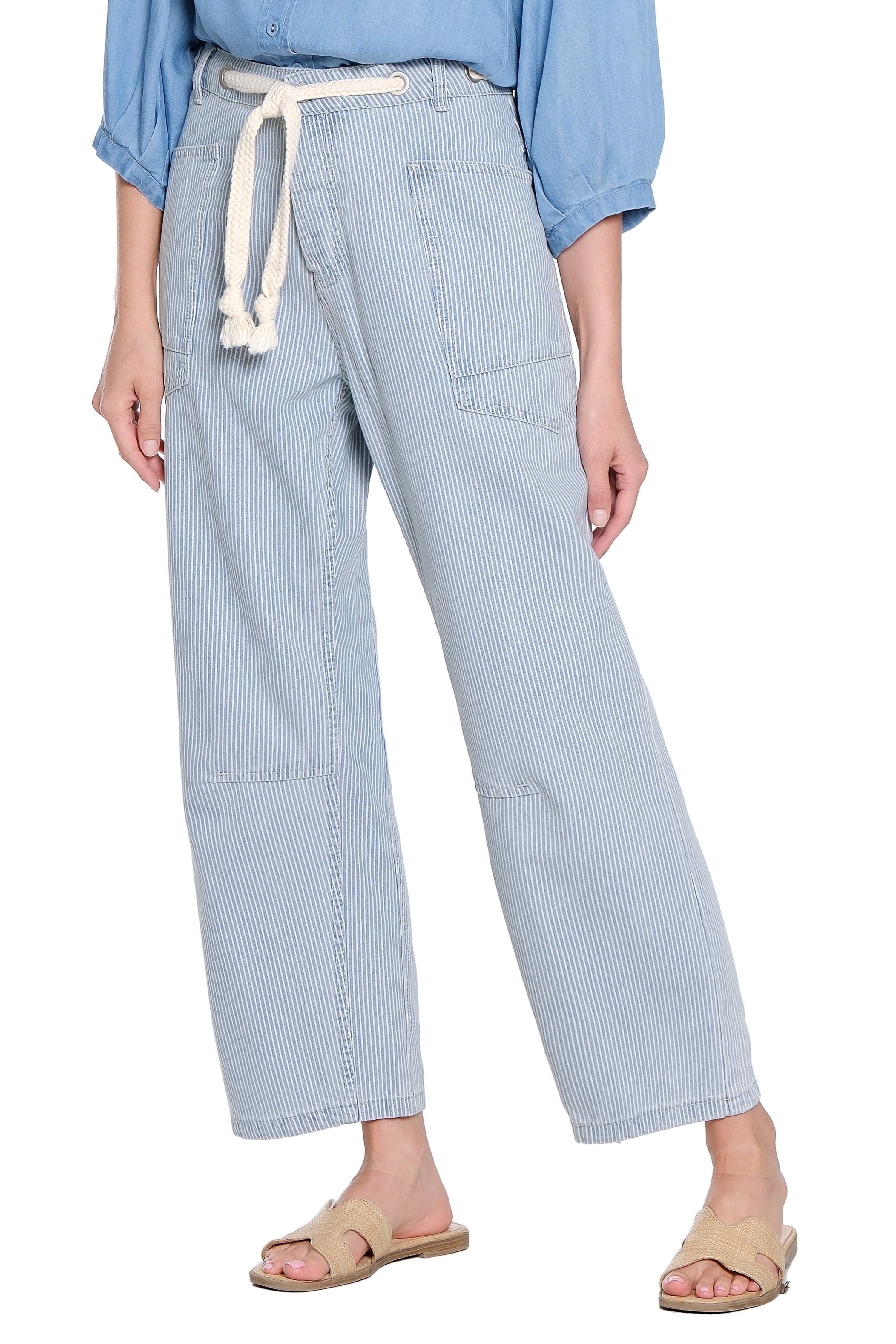 トップス TechnoBlake Striped Barrel Leg Pant with Tie Belt - Blue Stripe