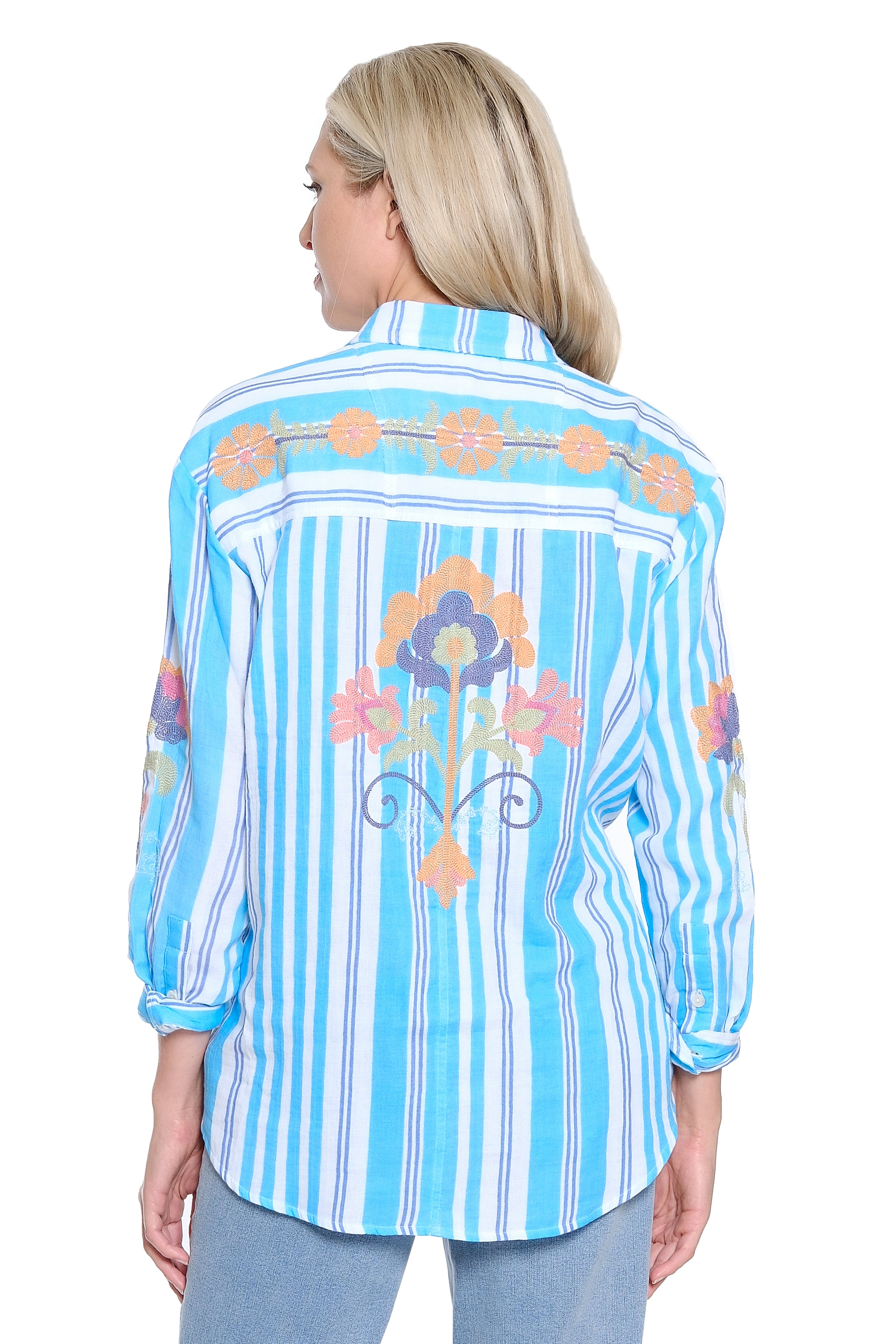 Button Up Shirt with Embroidery - Blue Stripe