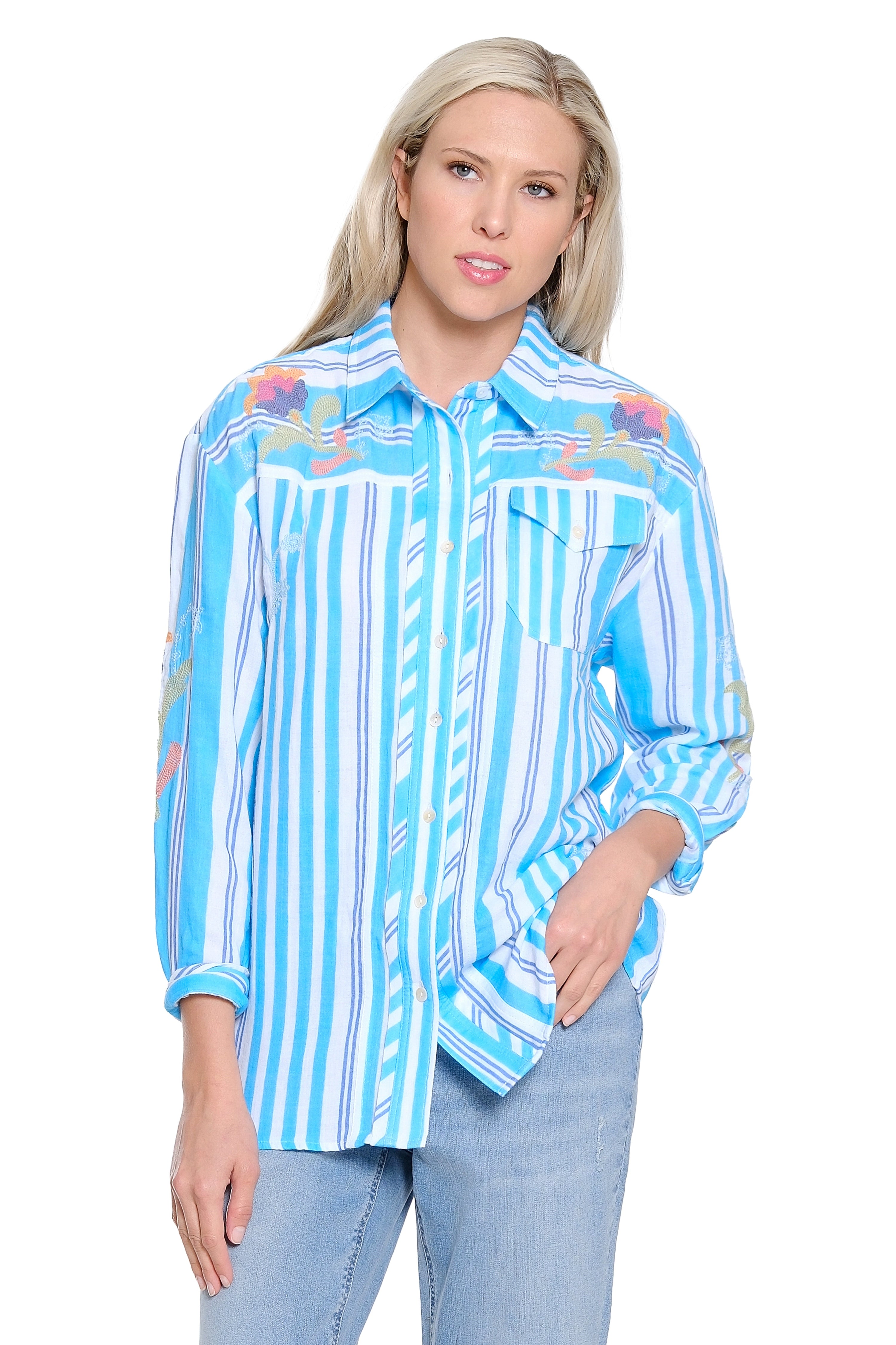 Button Up Shirt with Embroidery - Blue Stripe
