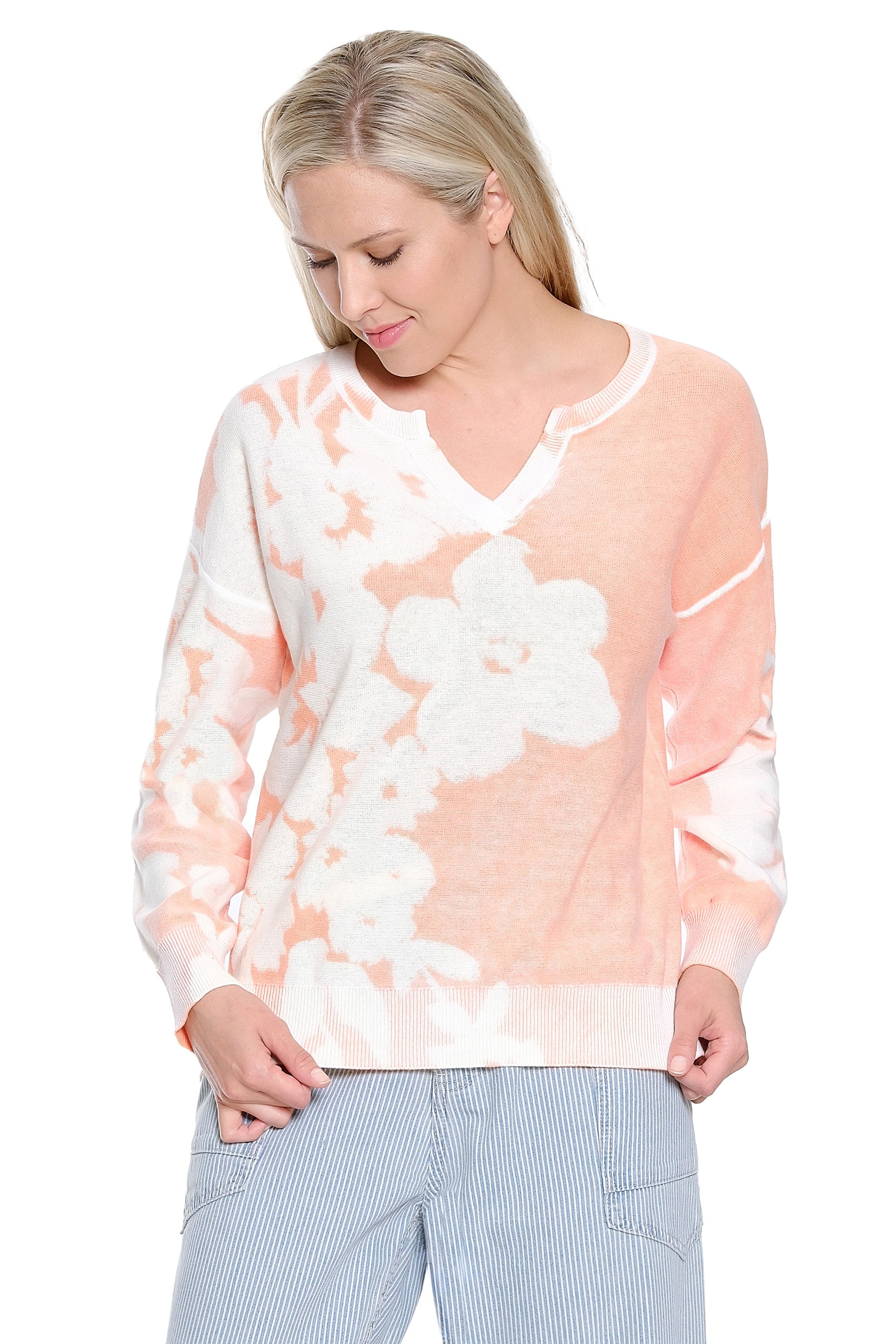 Reverse Print Split Neck Sweater - Coral