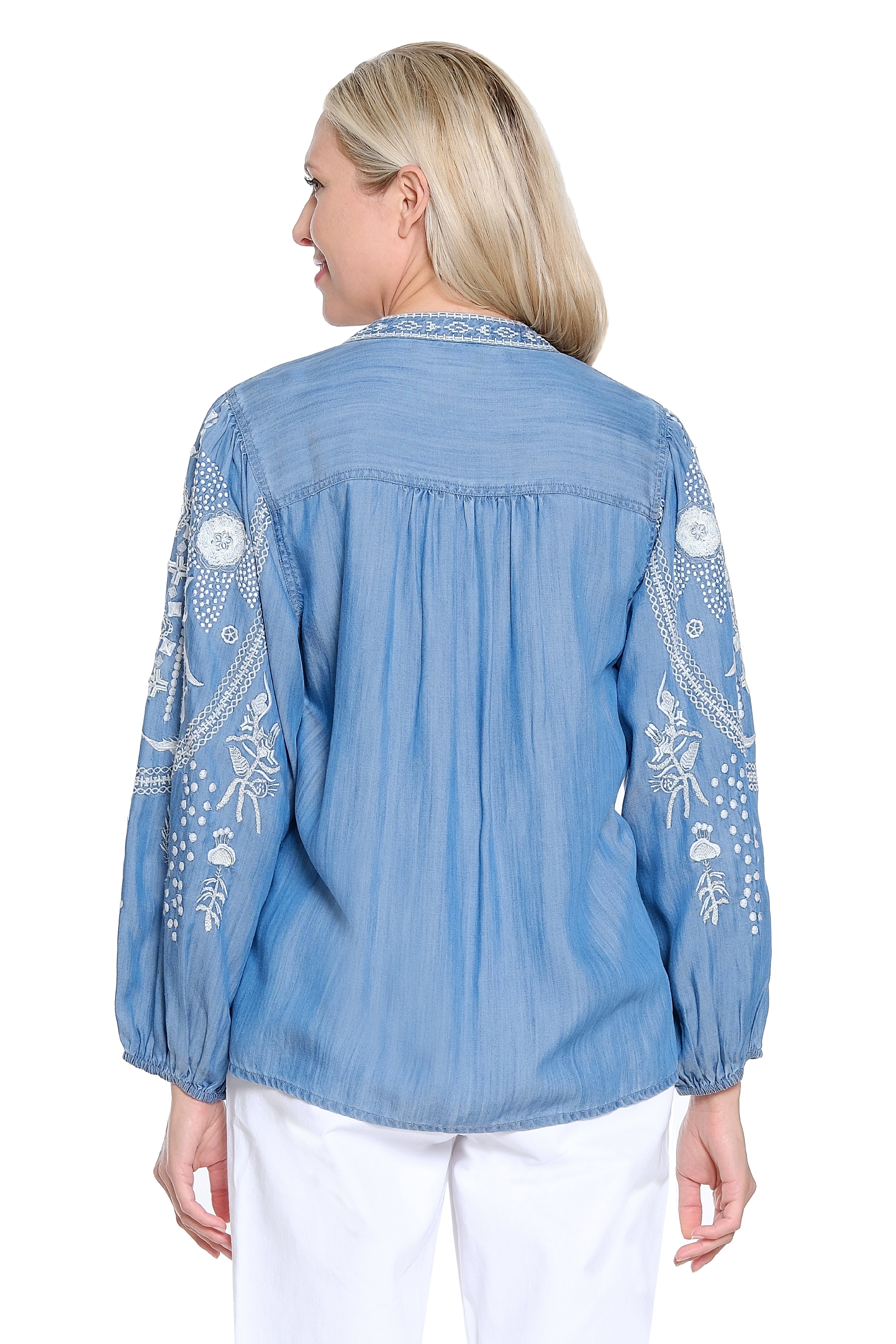Chambray Popover with Embroidery - Light Blue