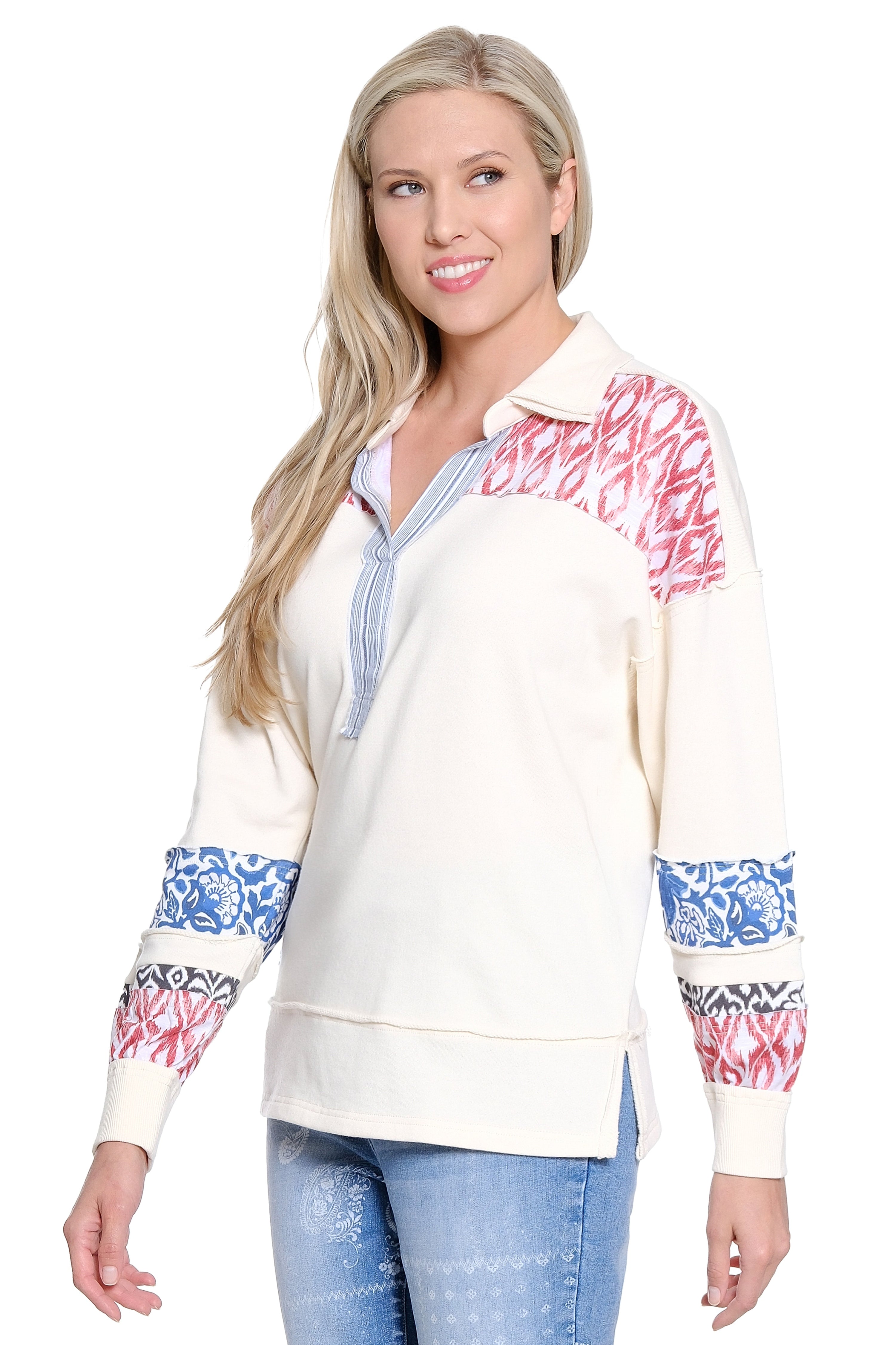 Pieced Sleve Polo Top - Multi