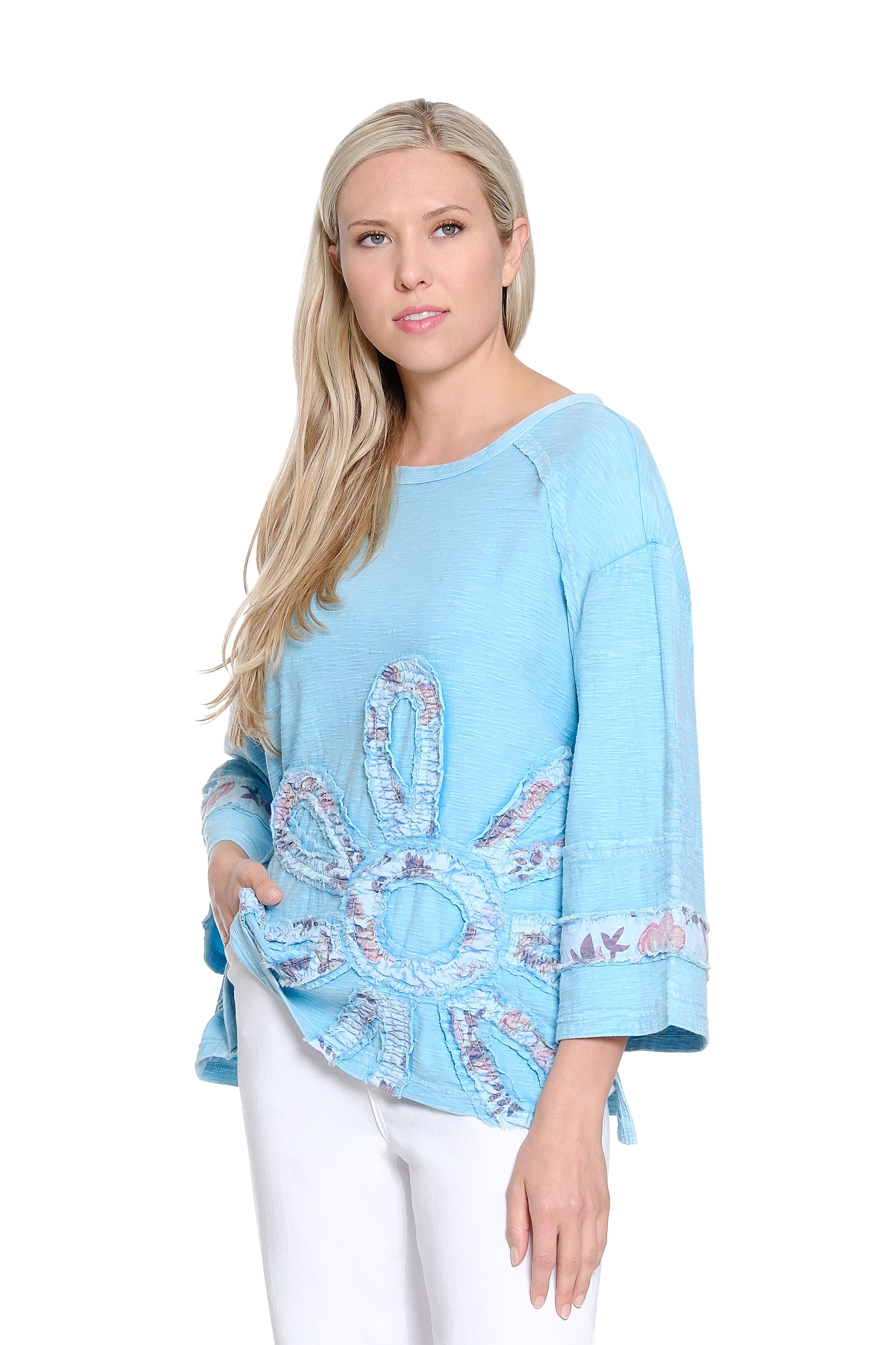 Garment Dyed Flower Applique Knit Top Sweatshirt - Light Blue
