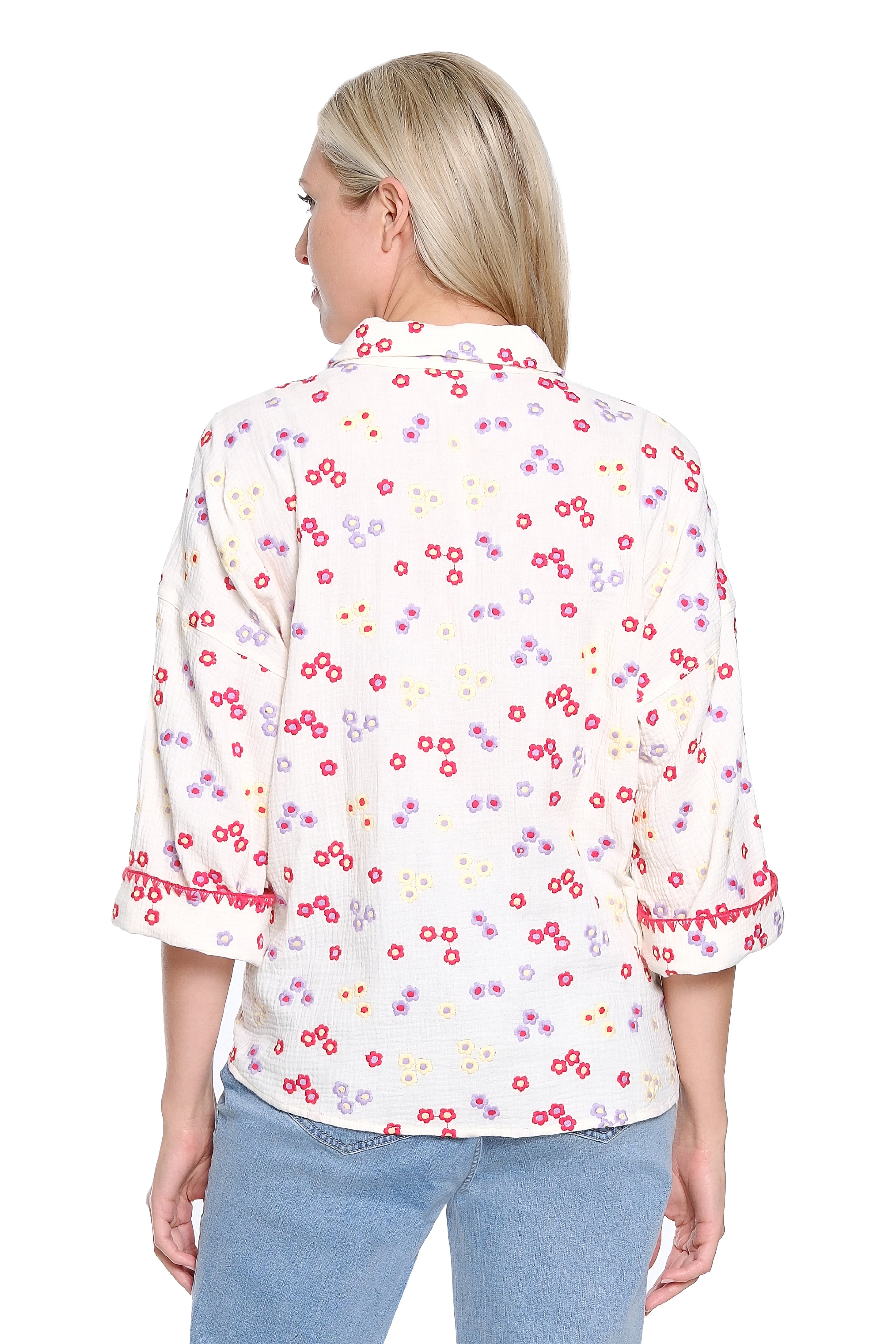 3/4 Sleeve Button Up Shirt with Embroidery - Ivory