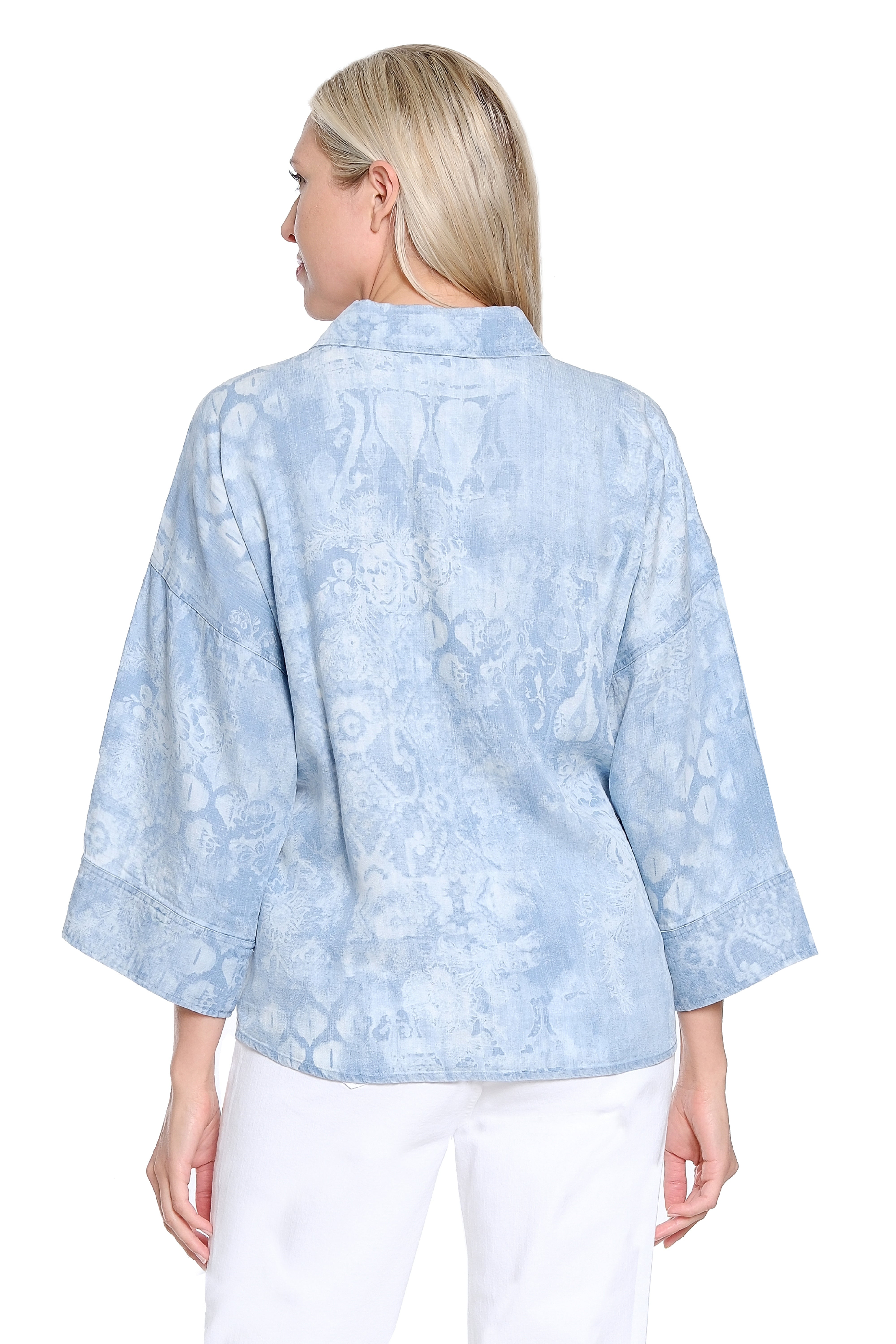 Print Chambray Button Up Top - Light Blue