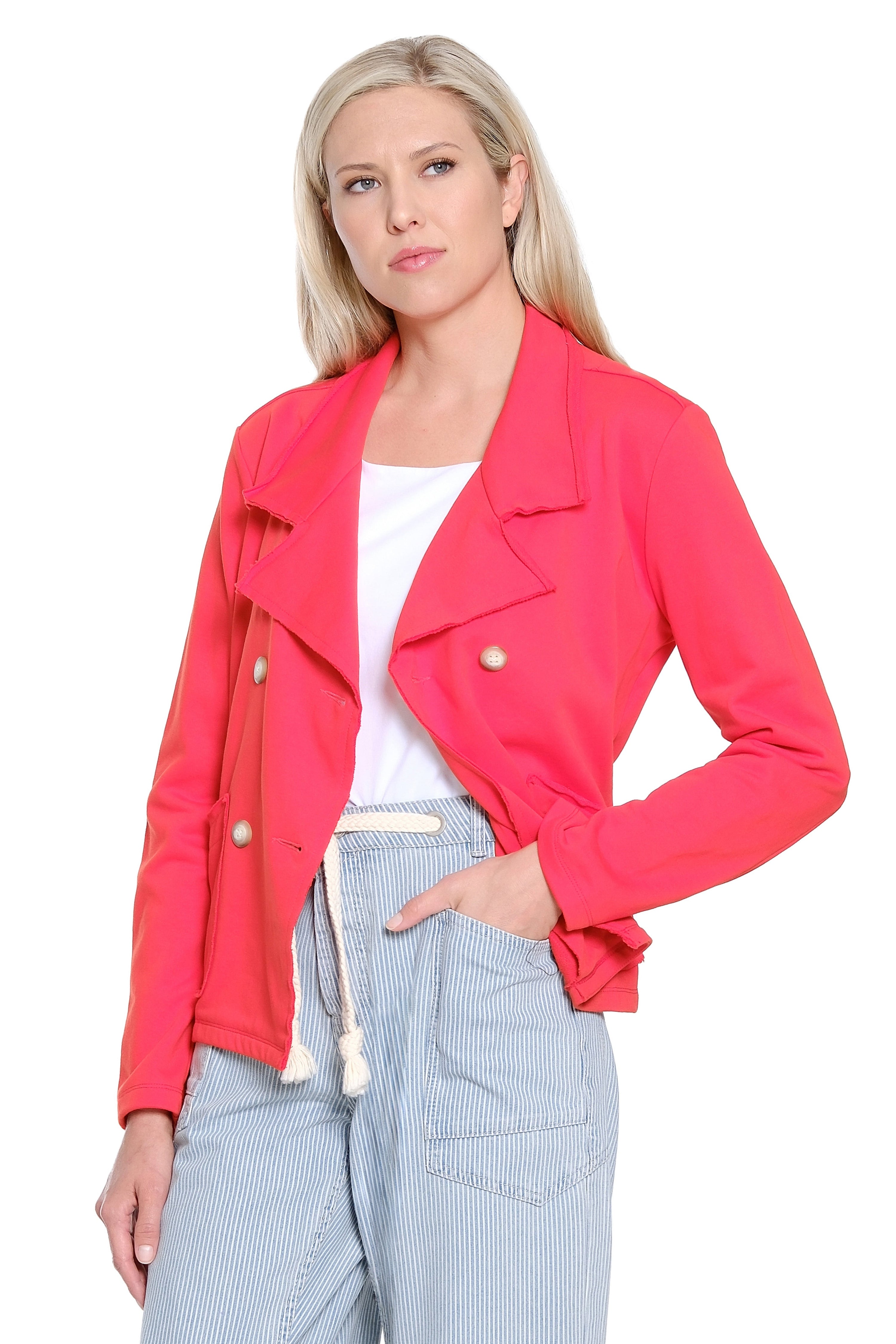French Terry Double Breasted Knit Jacket - Red