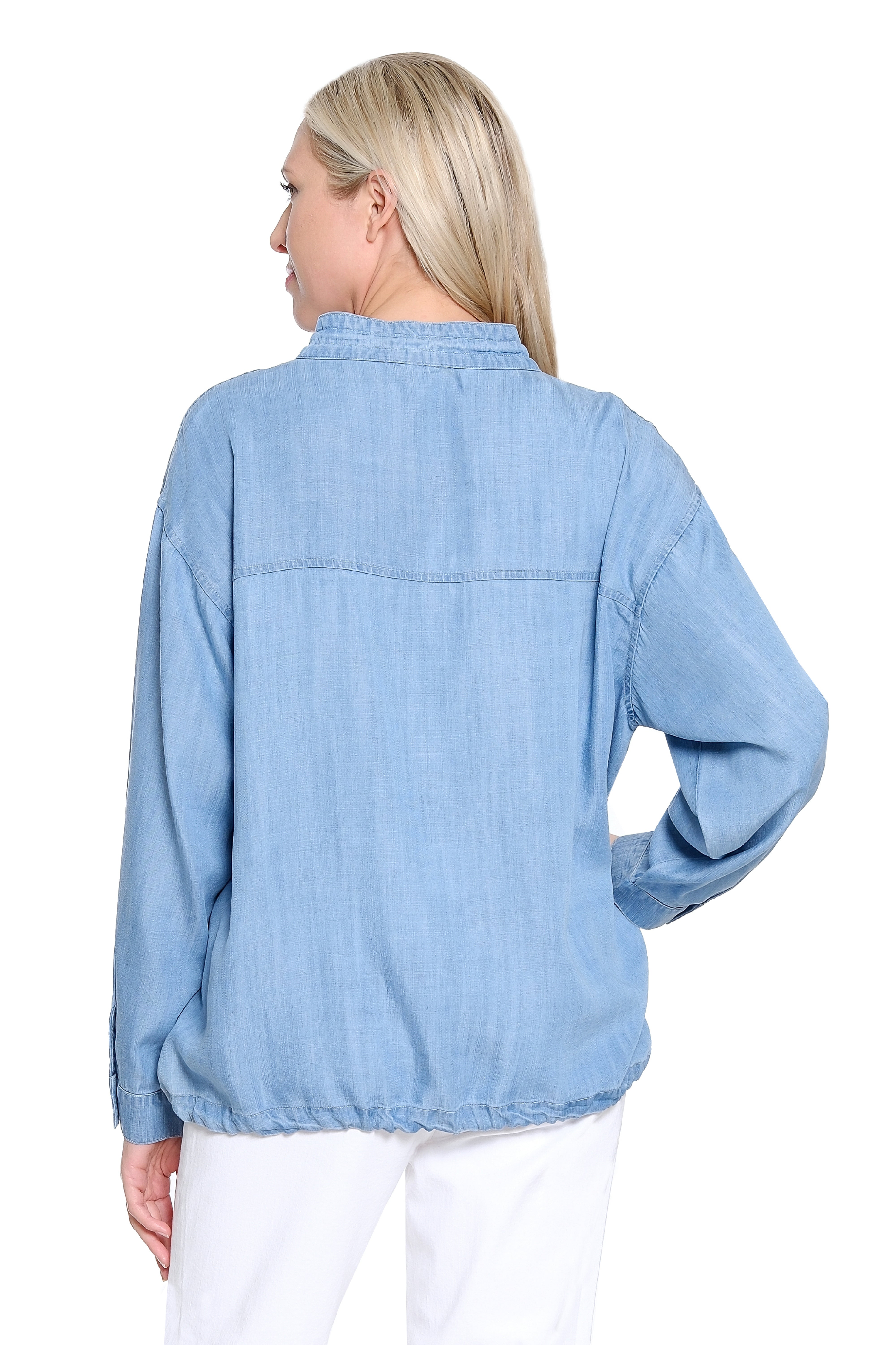 Popover Top with Drawstring Hem – Light Blue