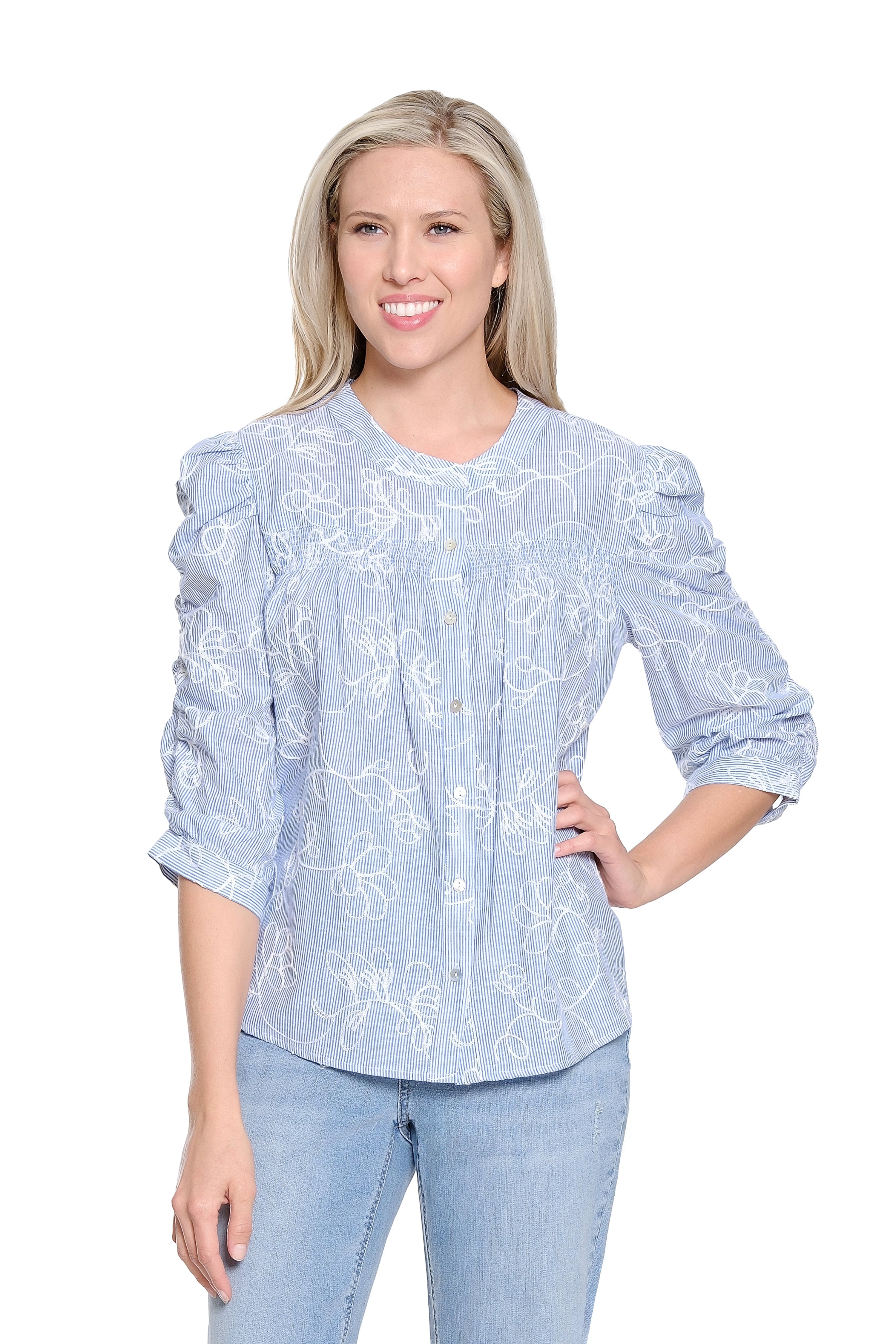 Smocked Sleeve Button-Up Shirt – Blue Stripe