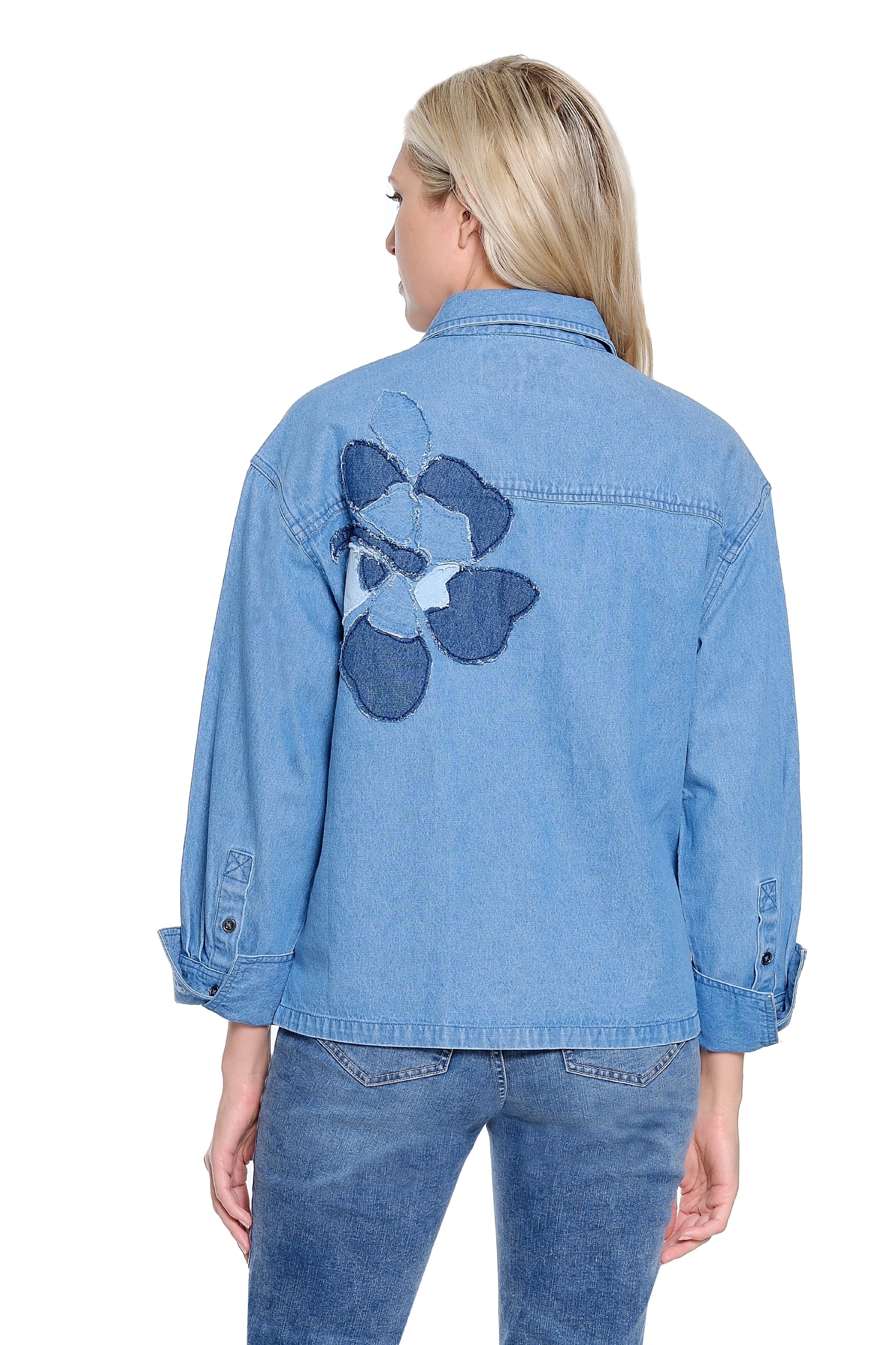 Denim Shirt Jacket with Flower Applique - Medium Indigo