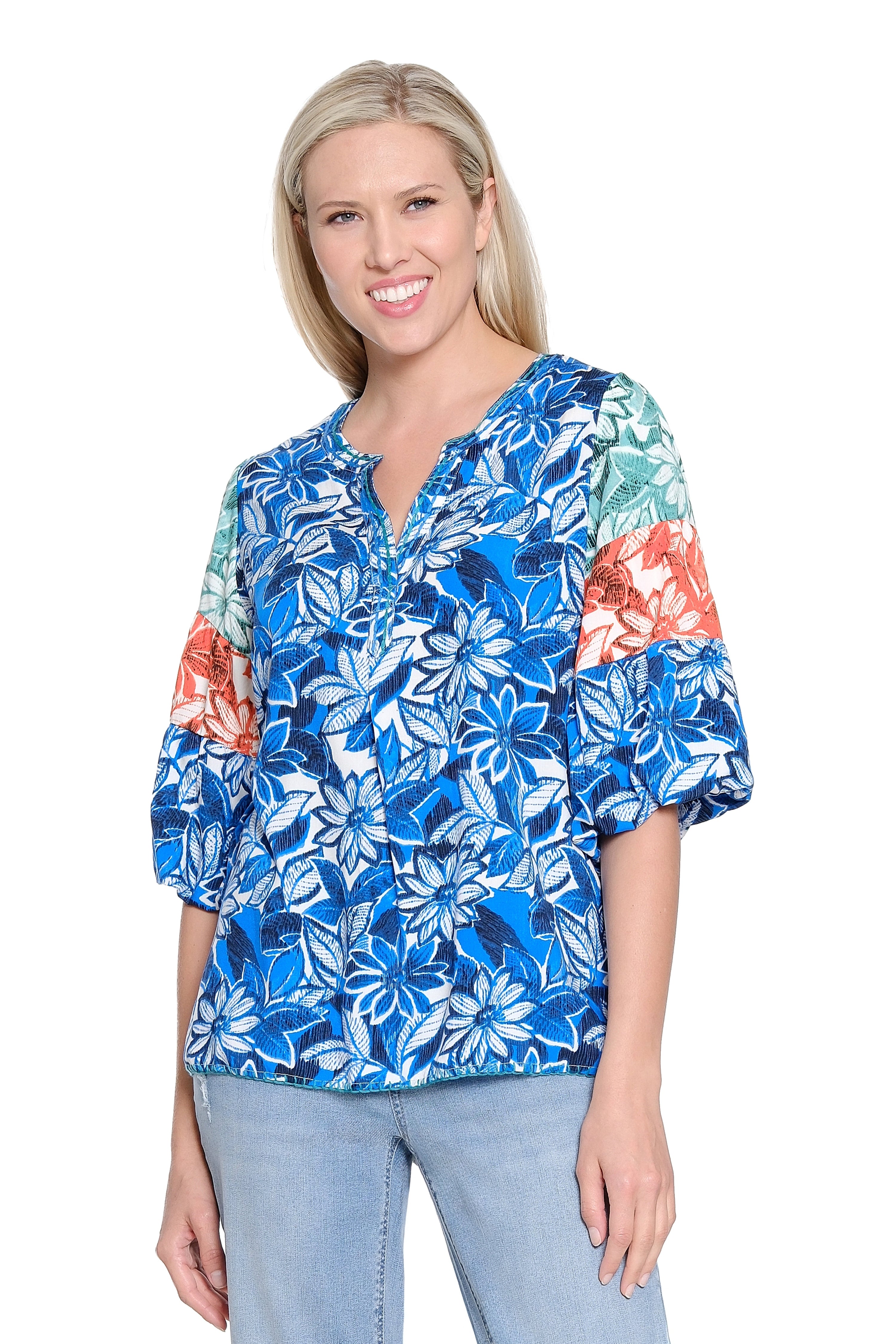 Mixed-Print Tiered Sleeve Top - Multi