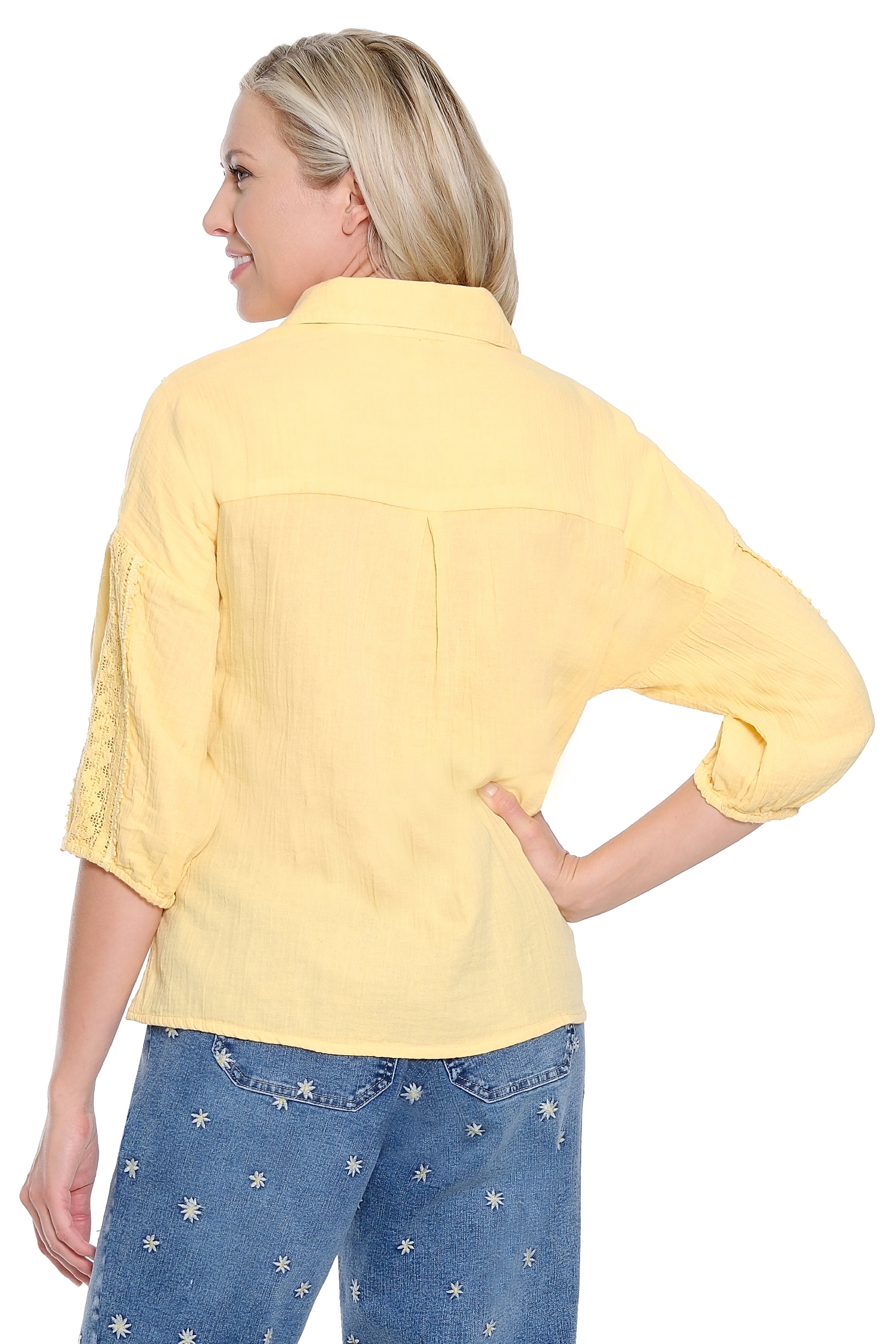 Lace Overlay Polo Collar Top - Yellow