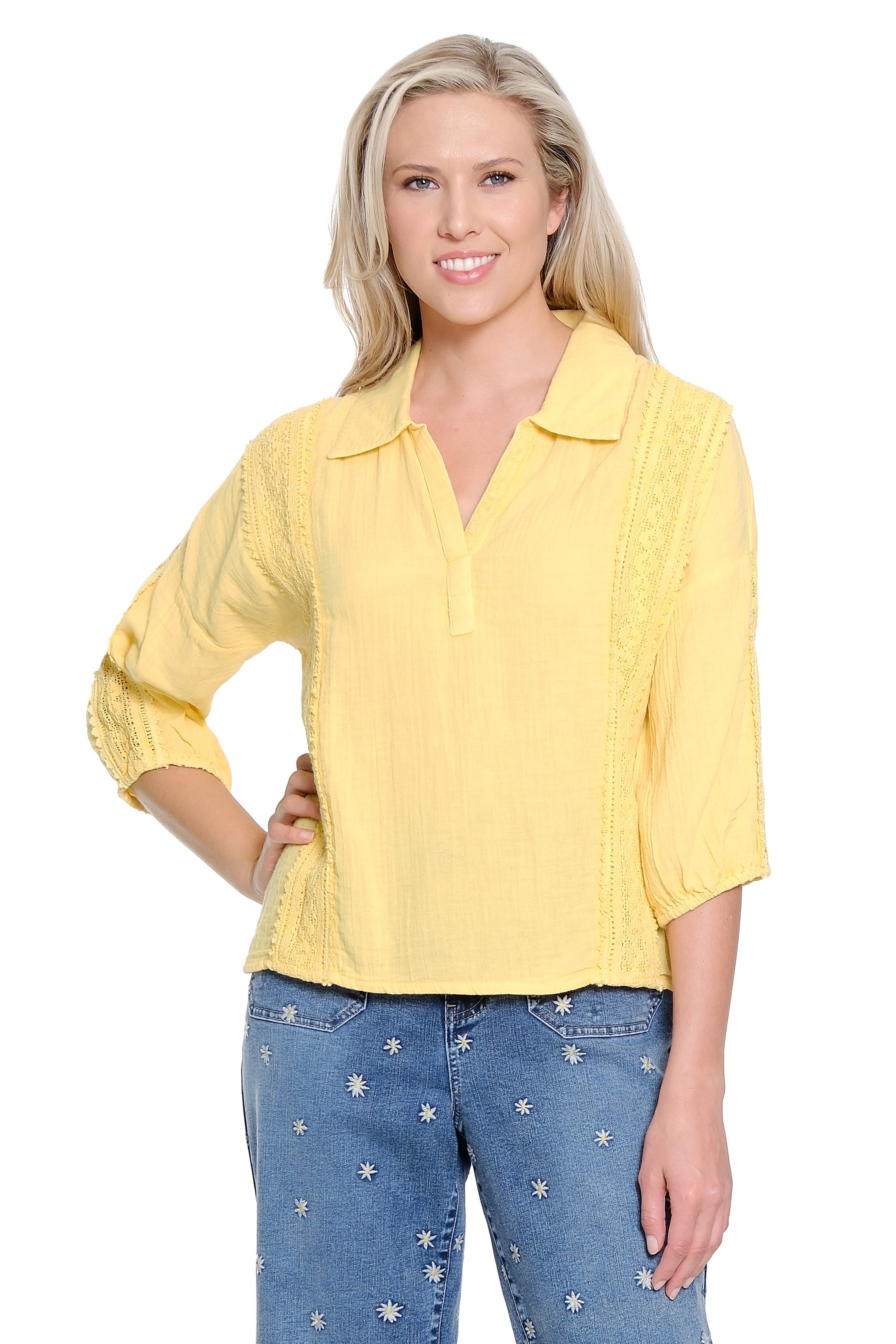 Lace Overlay Polo Collar Top - Yellow