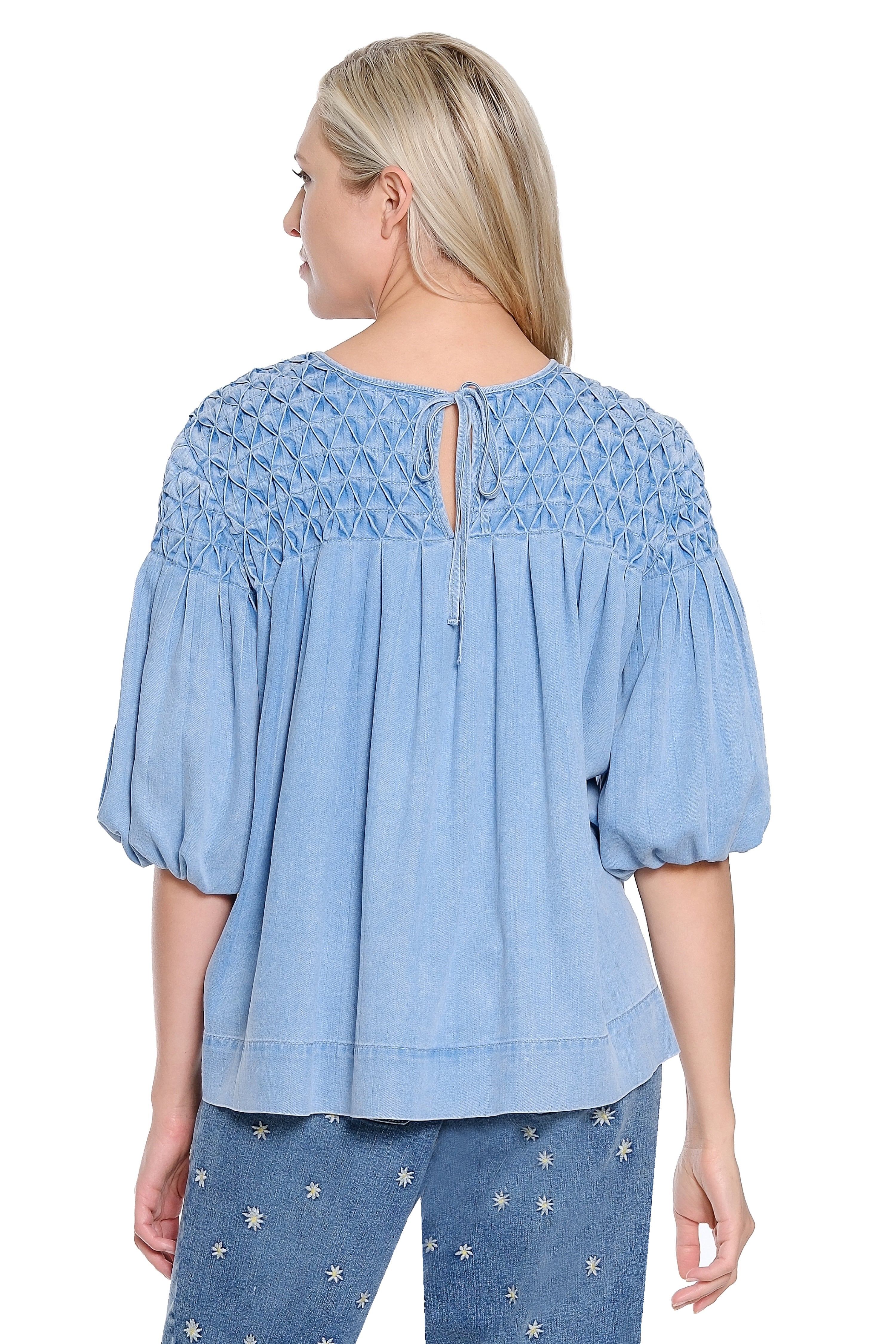 Smocked Detail Denim Top – Light Wash