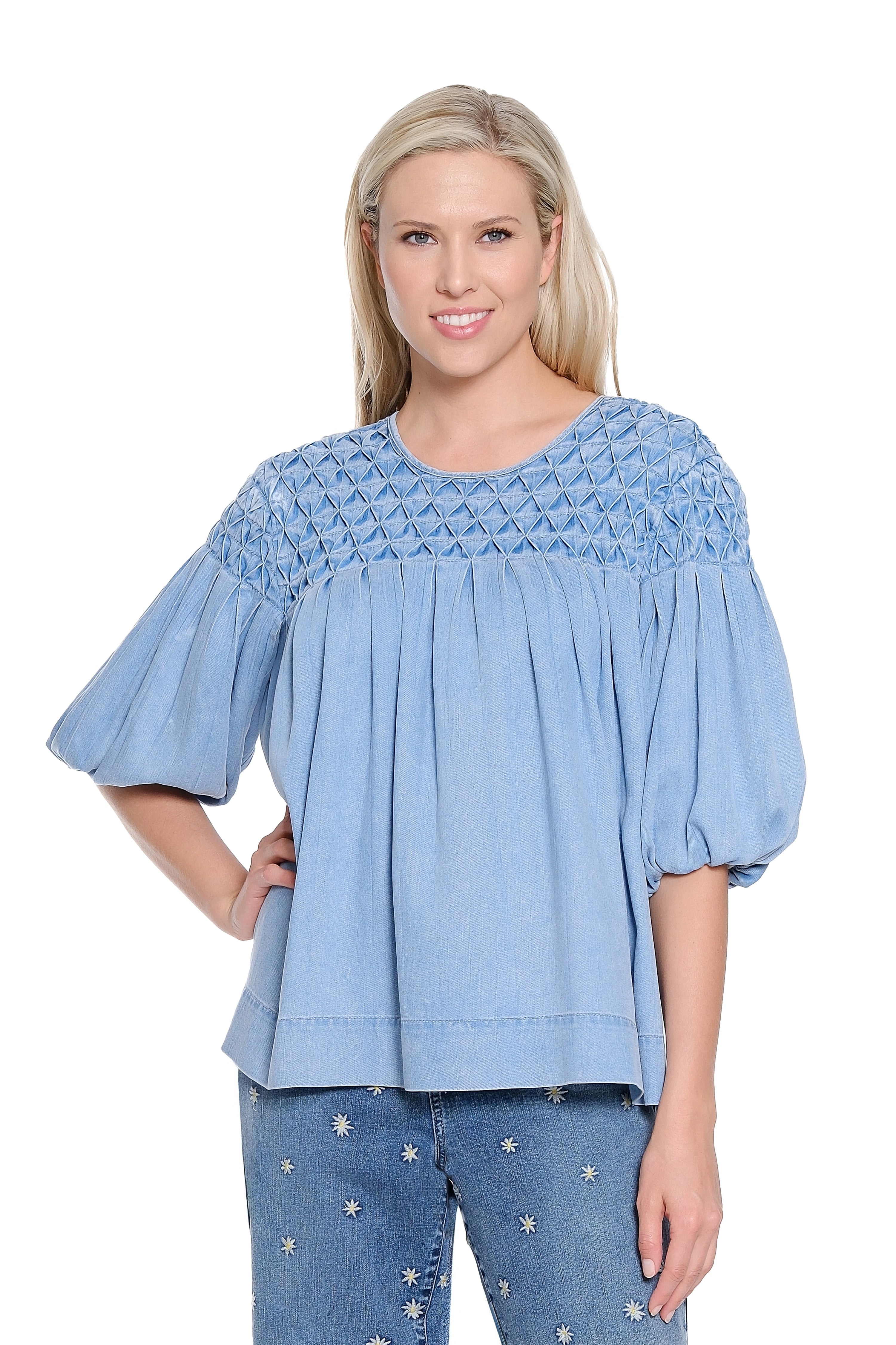 Smocked Detail Denim Top – Light Wash