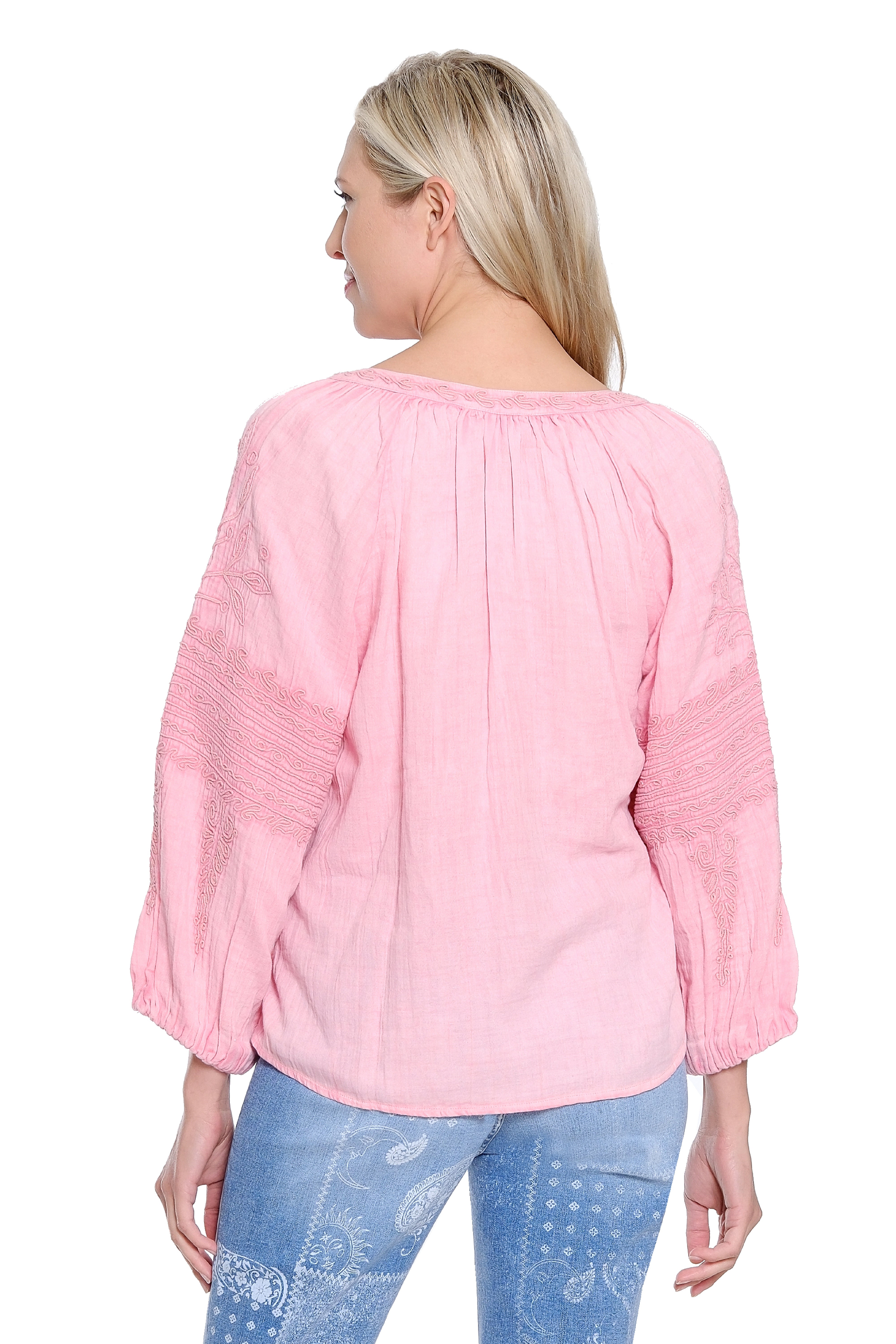 Split-Neck Top with Cord Embroidery - Pink