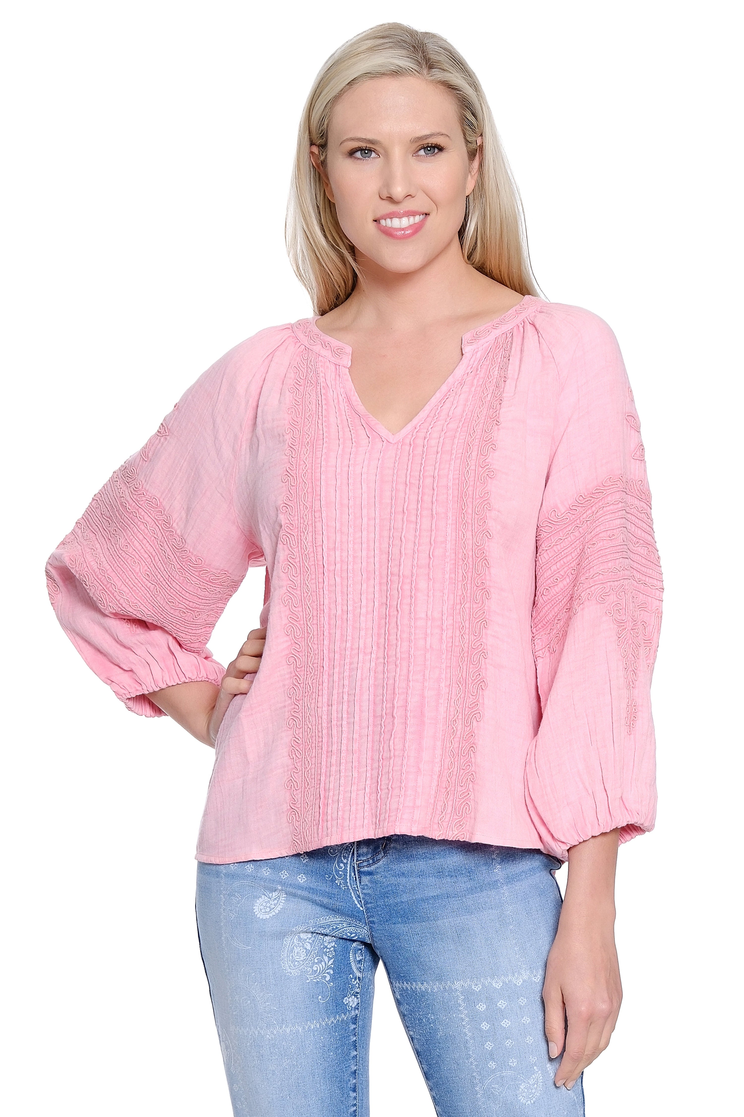 Split-Neck Top with Cord Embroidery - Pink