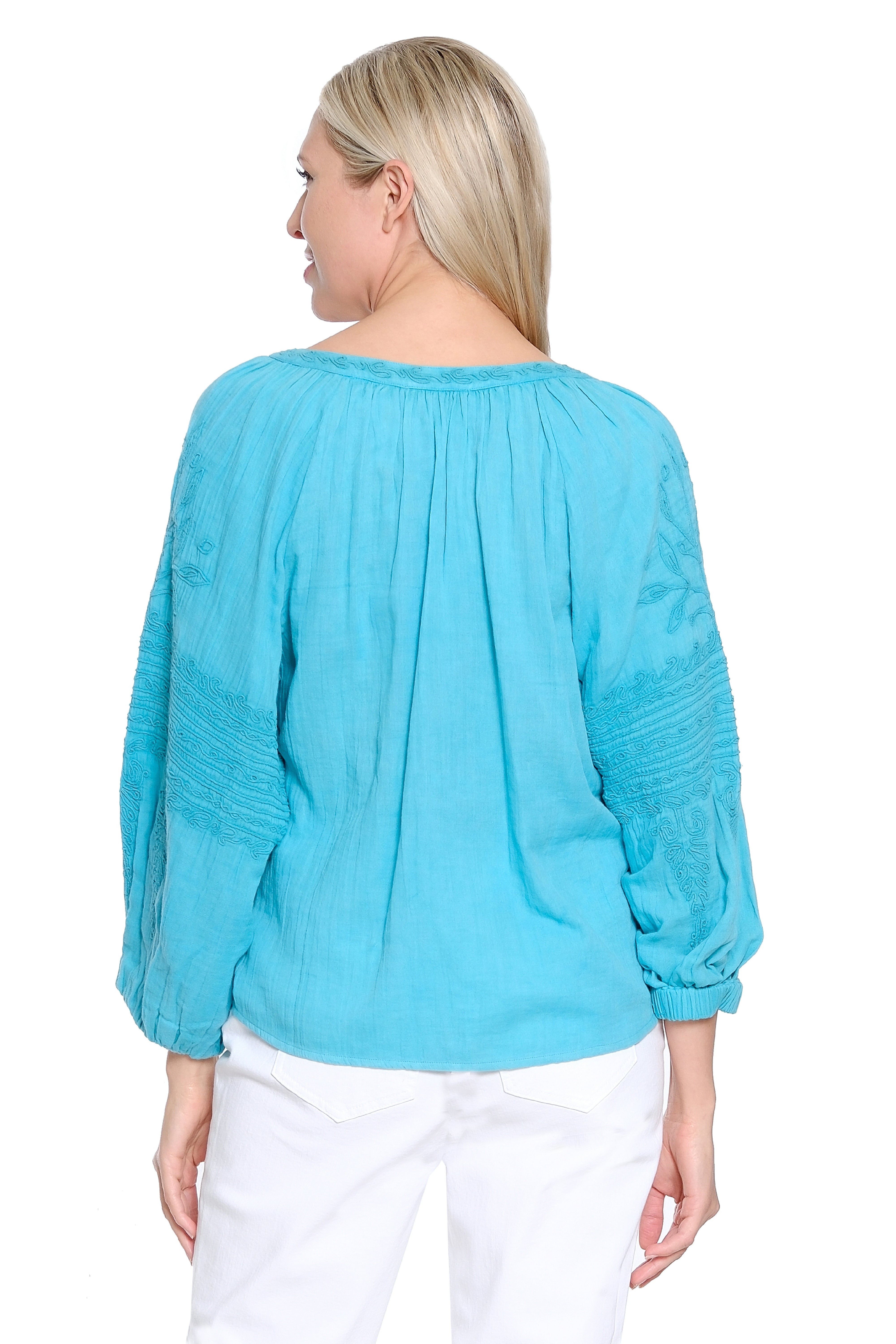 Split-Neck Top with Cord Embroidery - Aqua