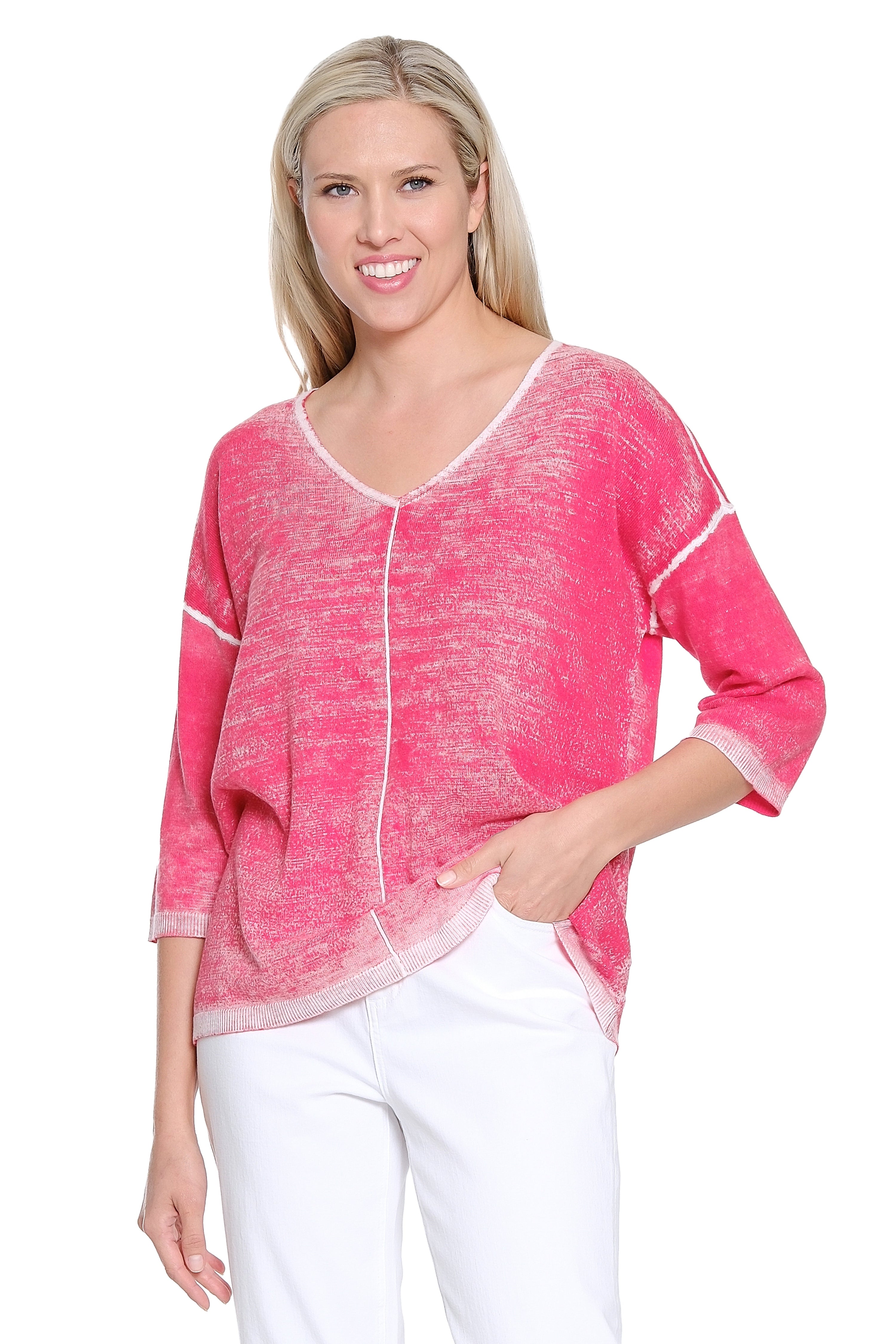 Reverse Printed V-Neck Sweater with Front Pocket - Watermelon