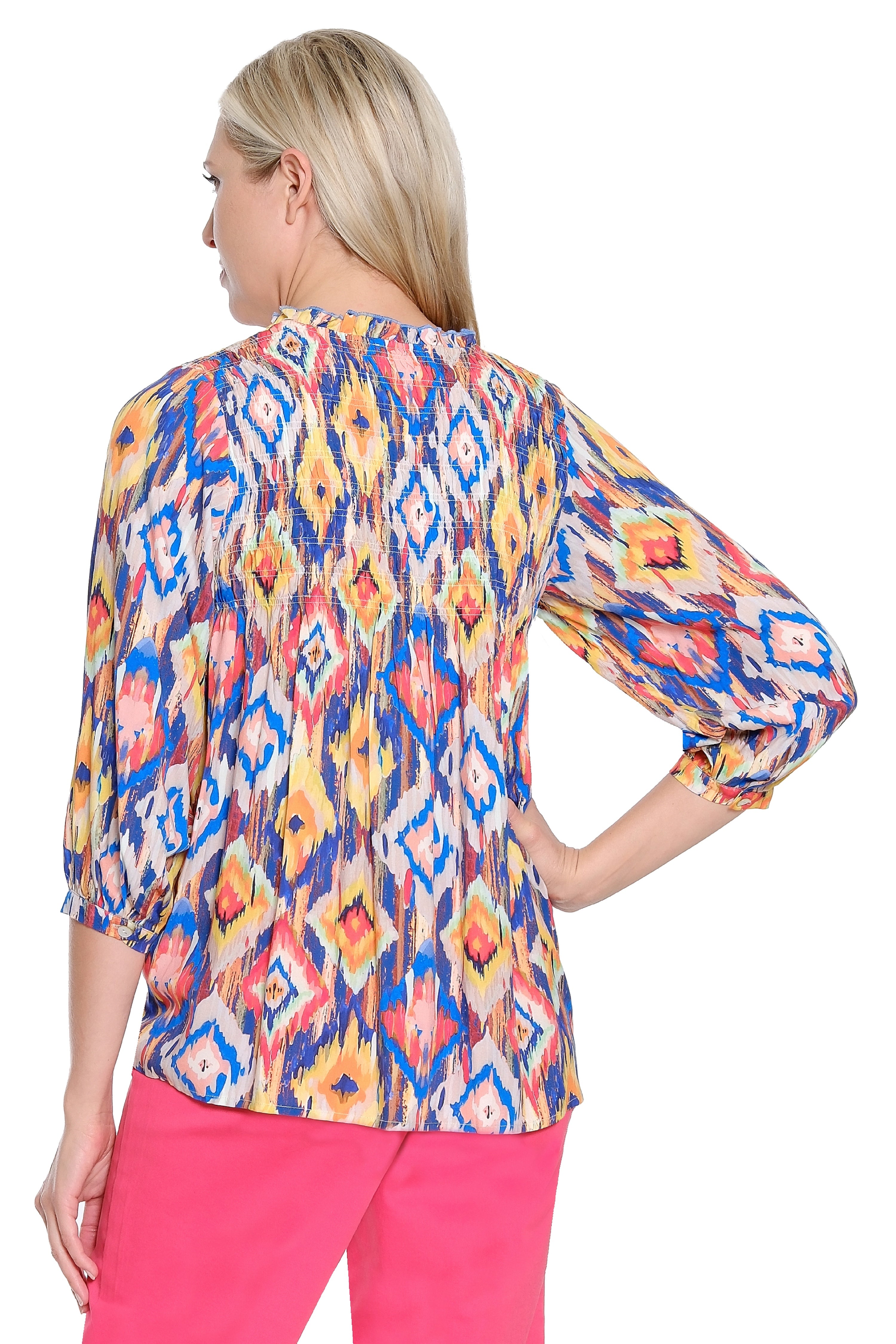 Smocked Split Neck Print Top – Multi
