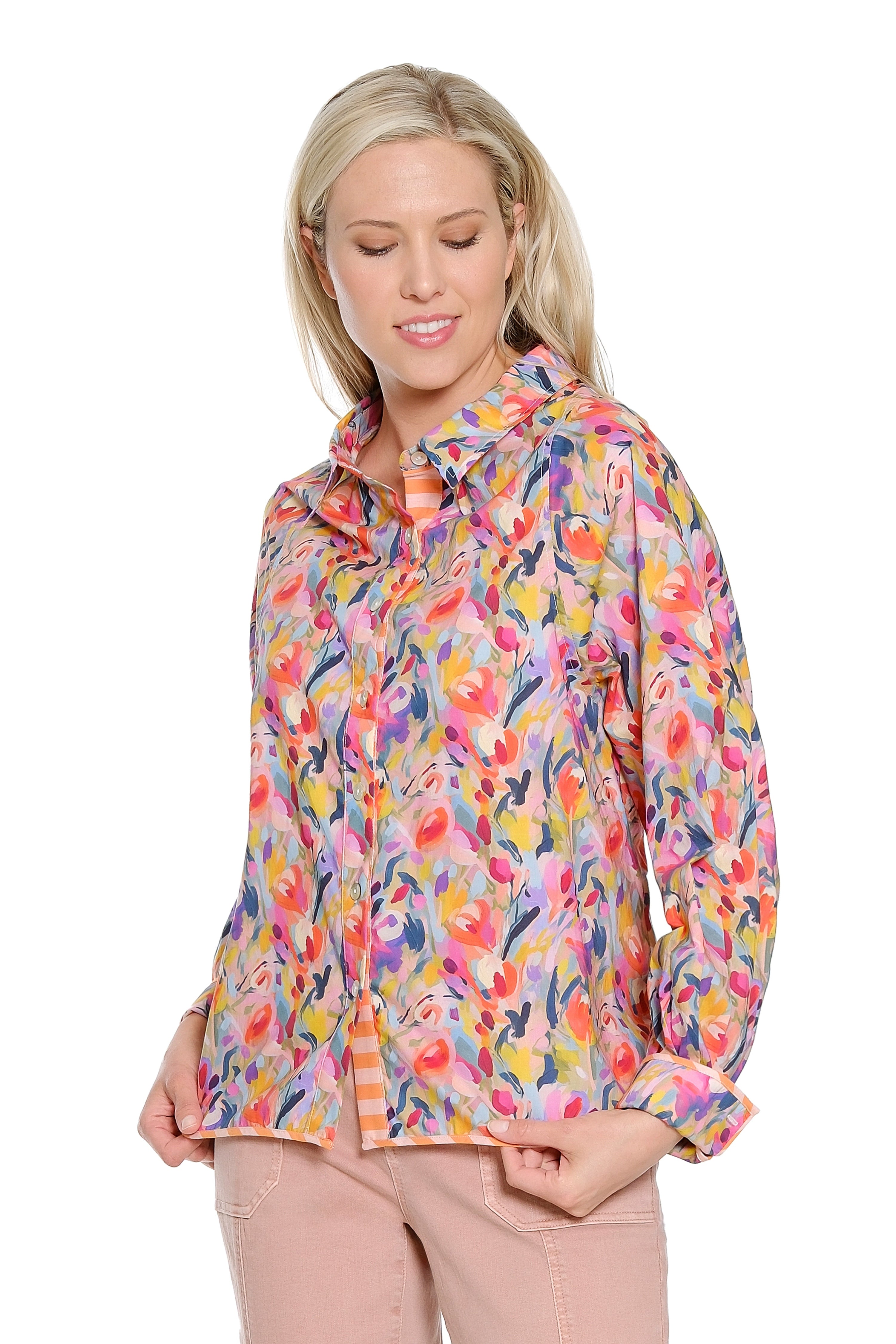 Print Balloon Sleeve Top with Stripe Trim - Multi