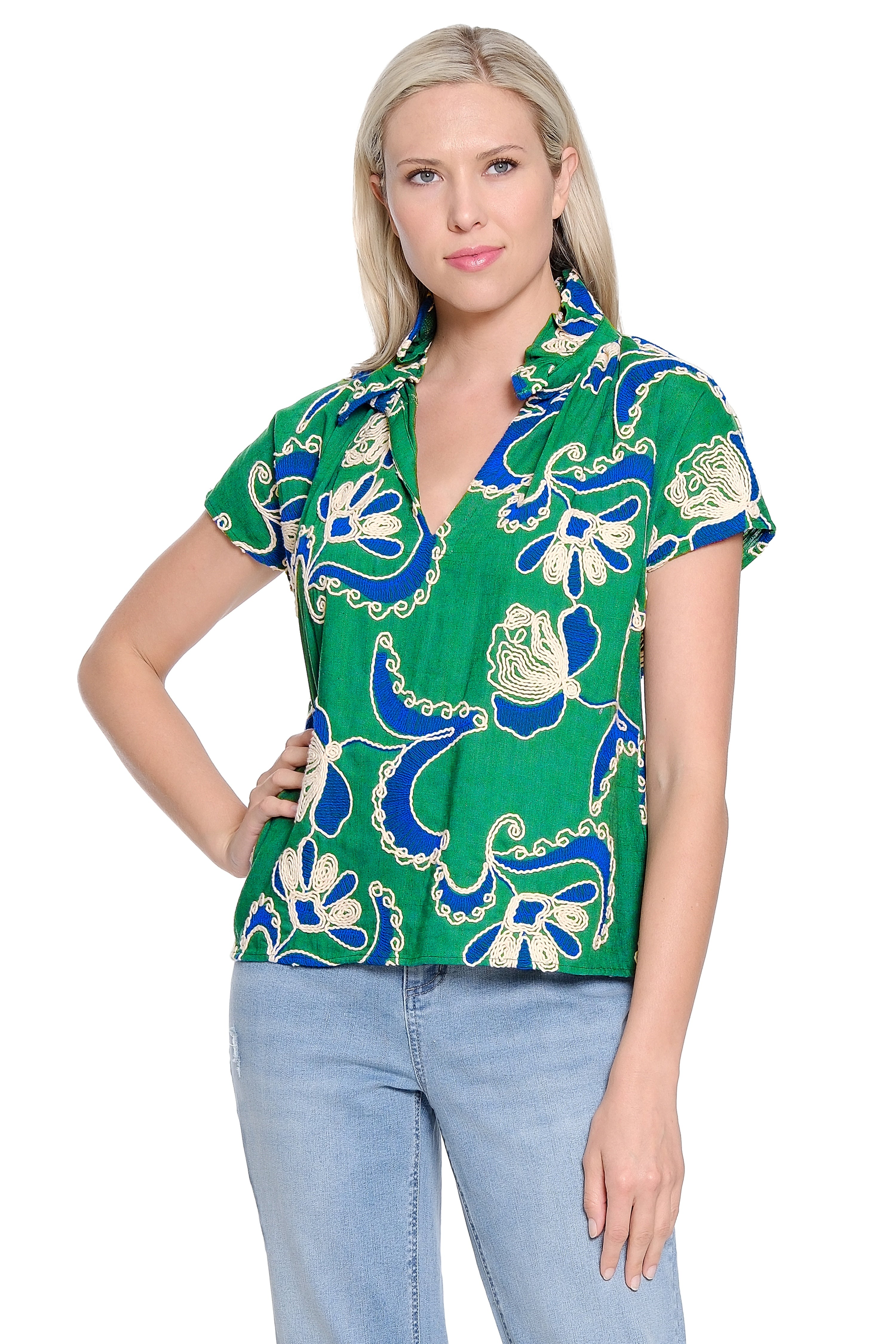 Ruched Neck Print Popover Top – Green