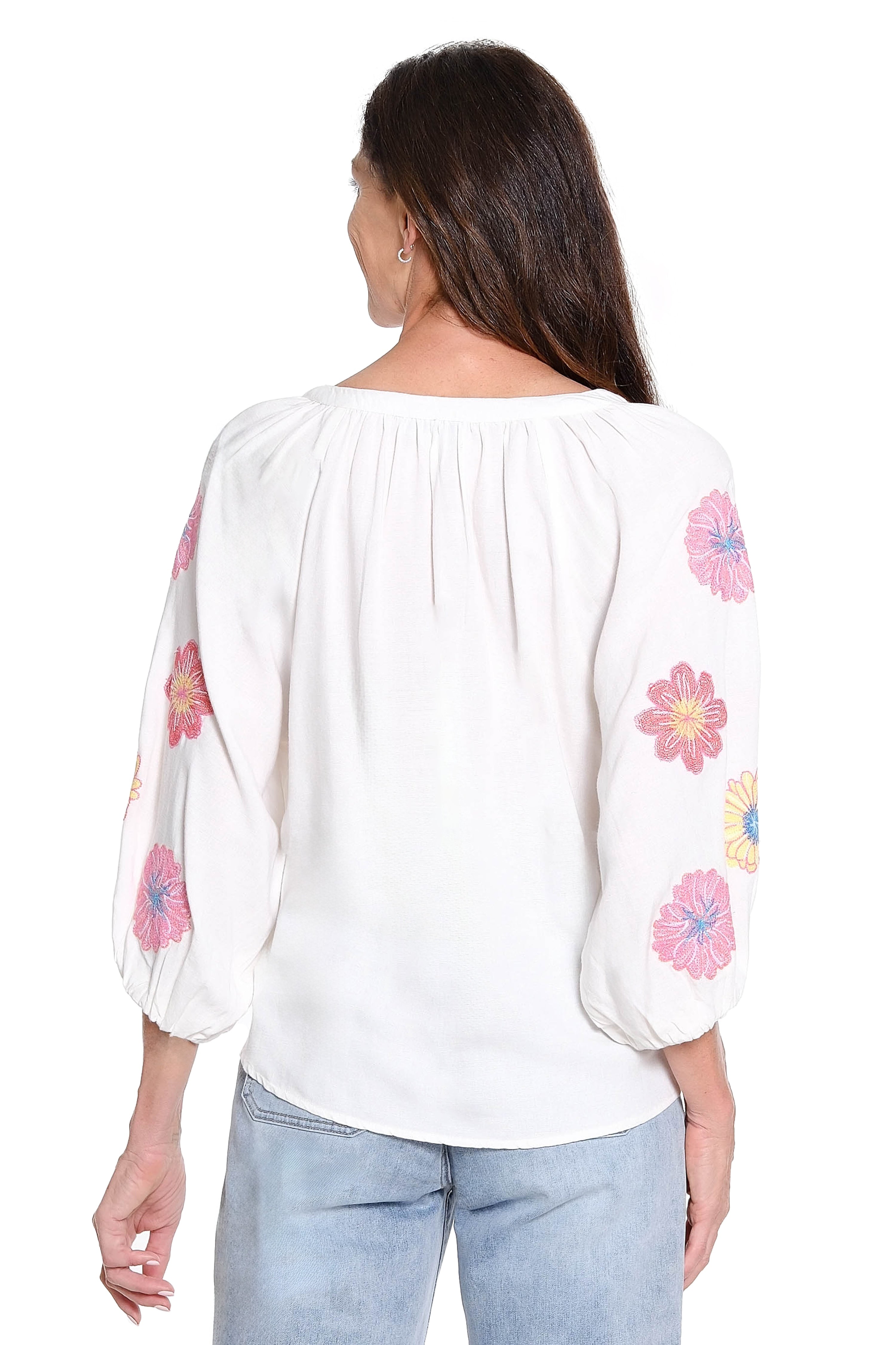 Embroidered Sleeve Split Neck Top - White