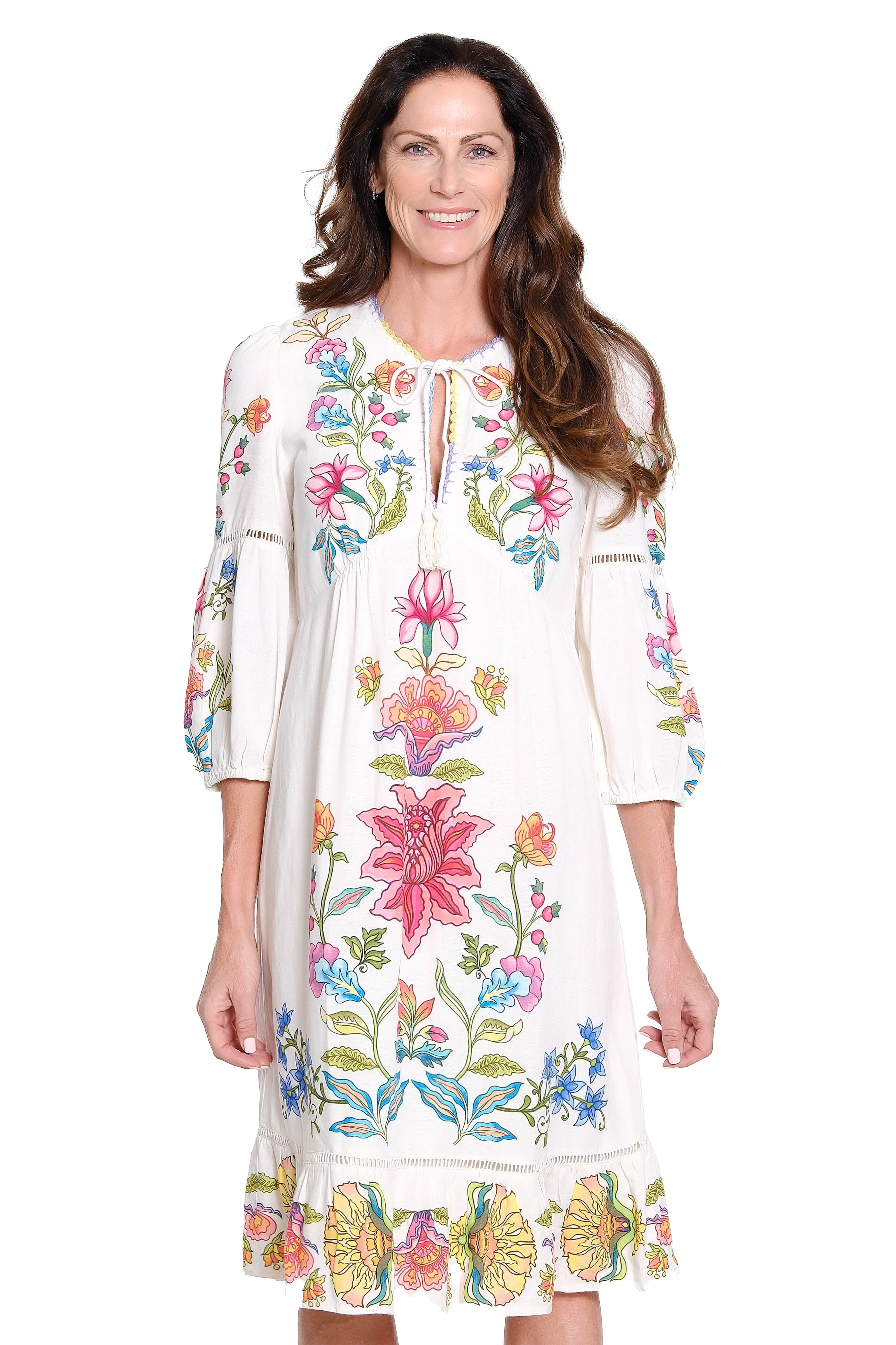 Placement Embroidered Floral Print Dress - Multi