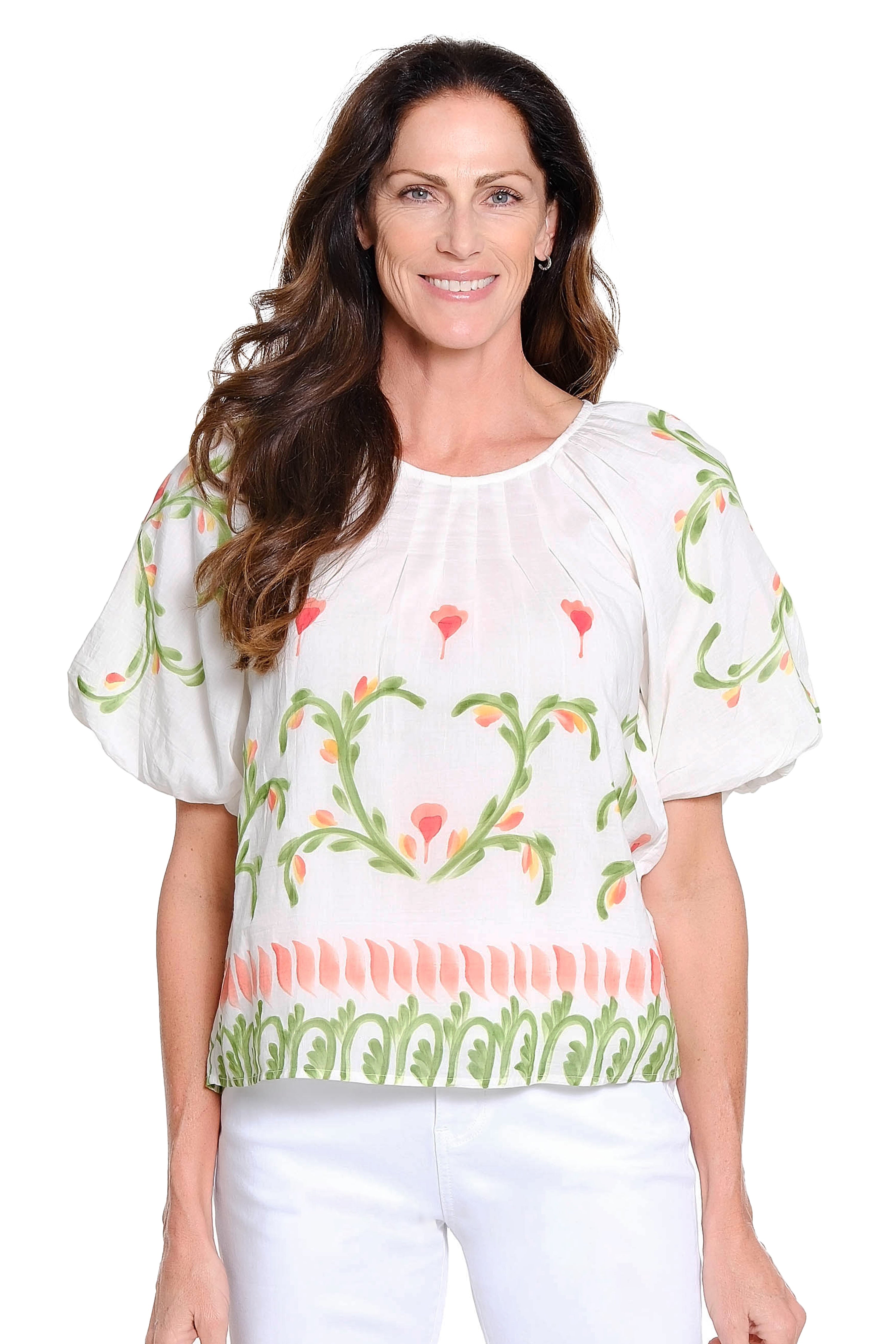 Floral Printed Popover Top - White