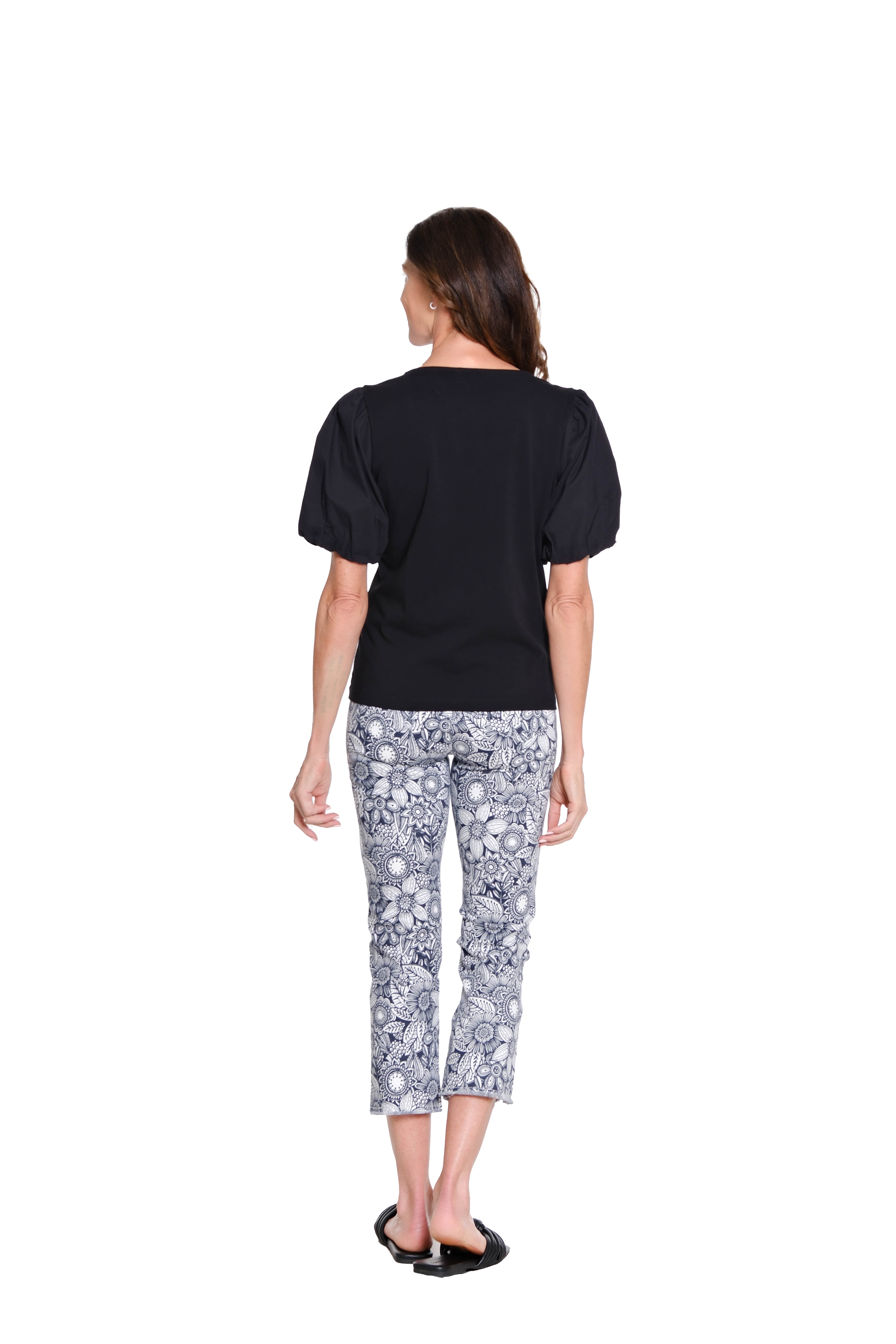 Square Neck Knit Top with Puff Sleeves - Black