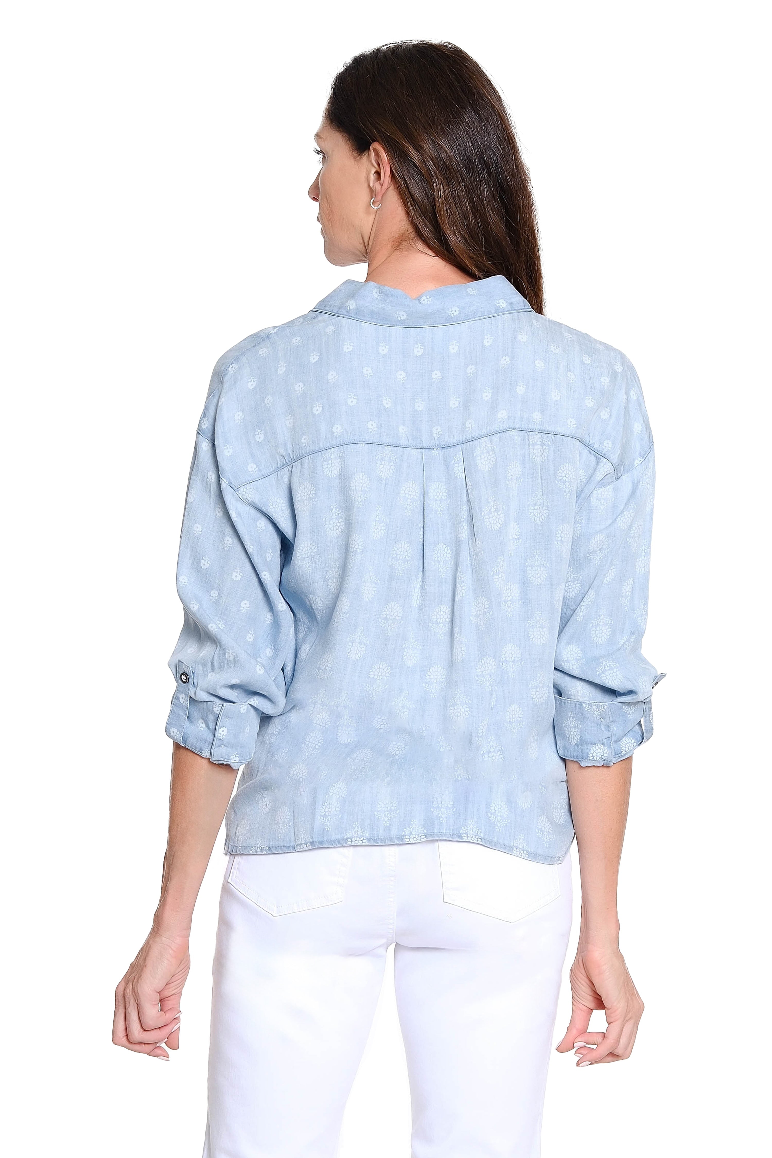 Polka Dot Print Twist Front Button-Up Shirt - Chambray