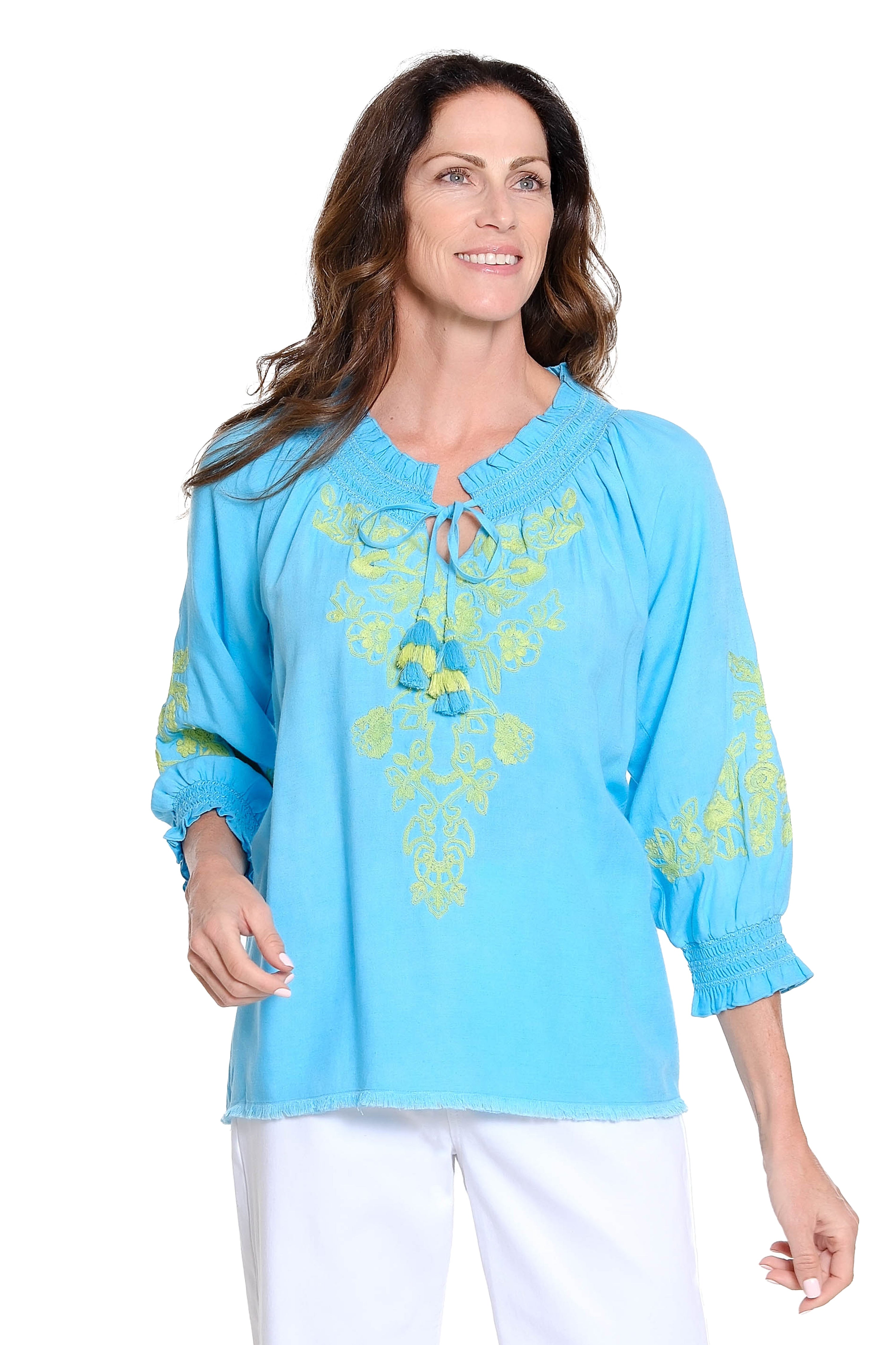 Peasant Top with Embroidery – Turquoise