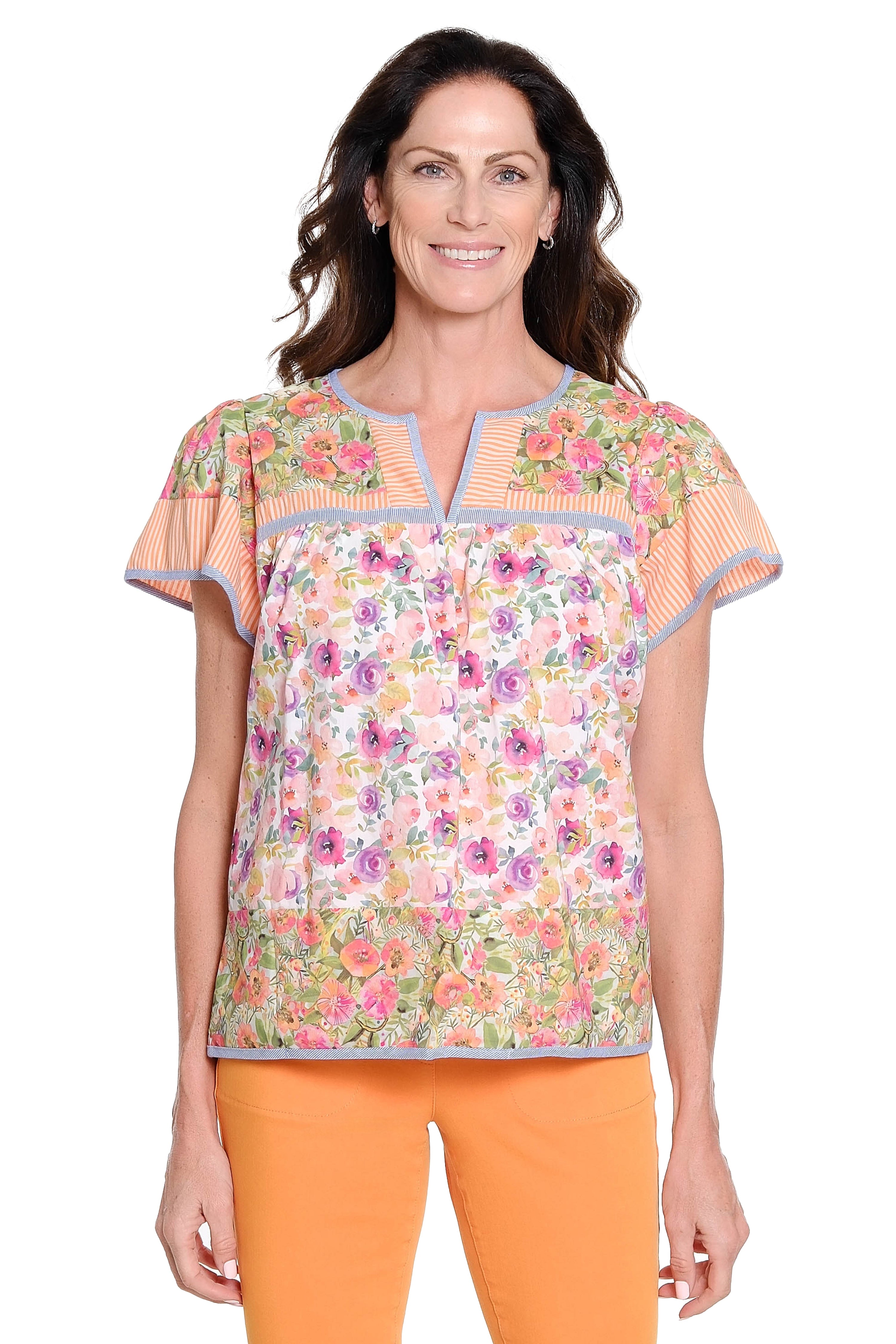 Mixed Print Flutter Sleeve Popover Top - Multi