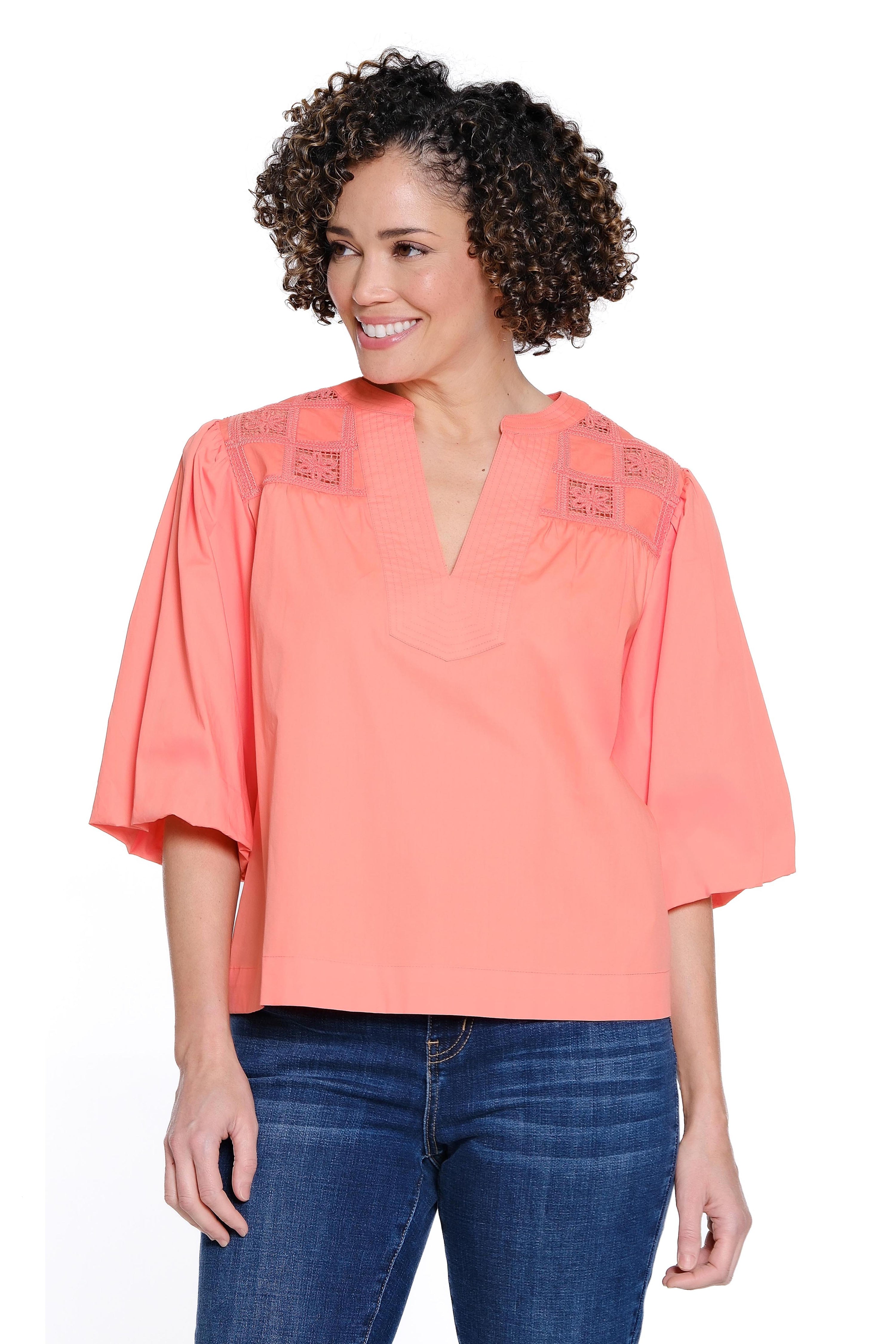 Puff Sleeve Crochet Popover Top - Coral