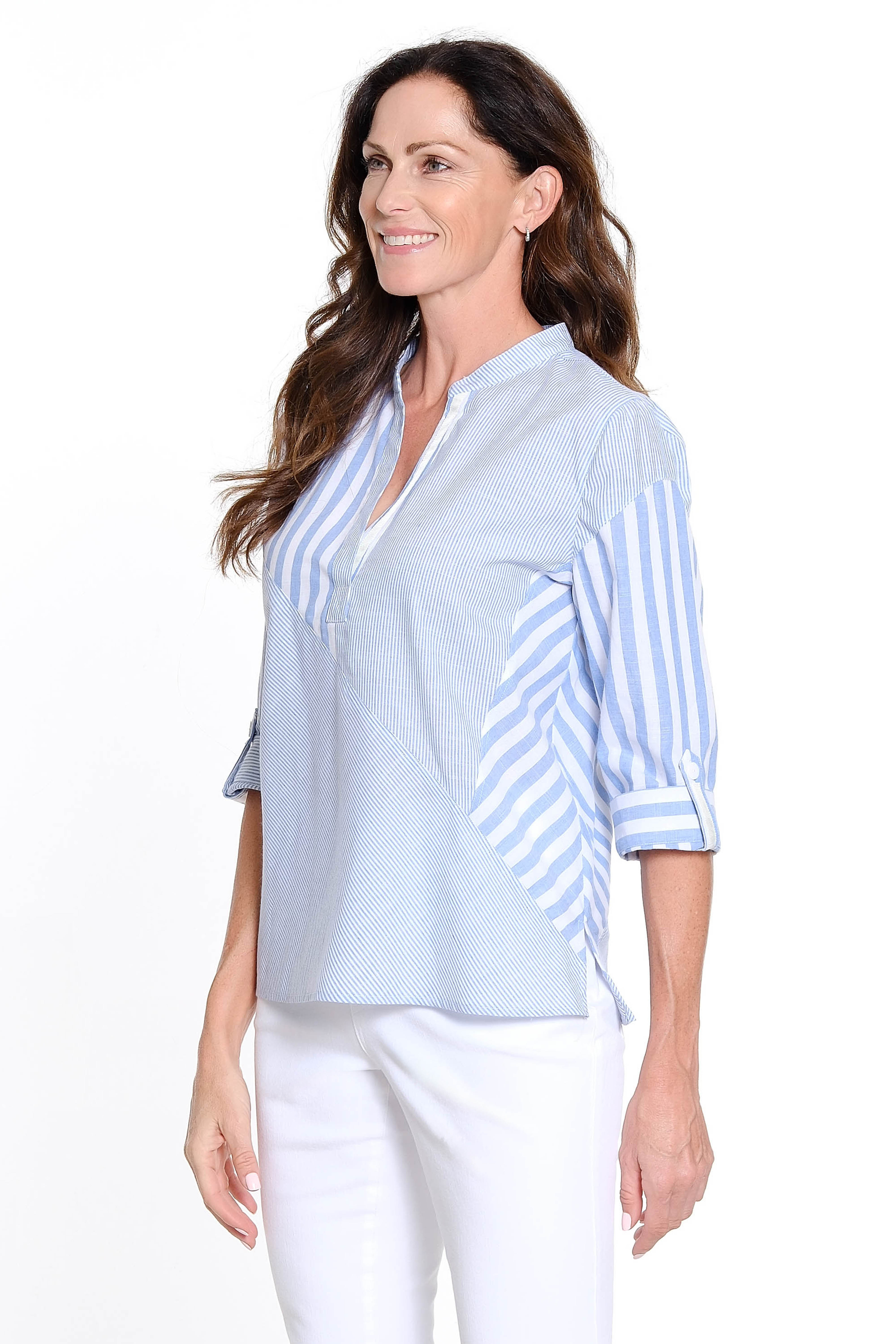 Mixed Stripe Popover Top - Blue Stripe