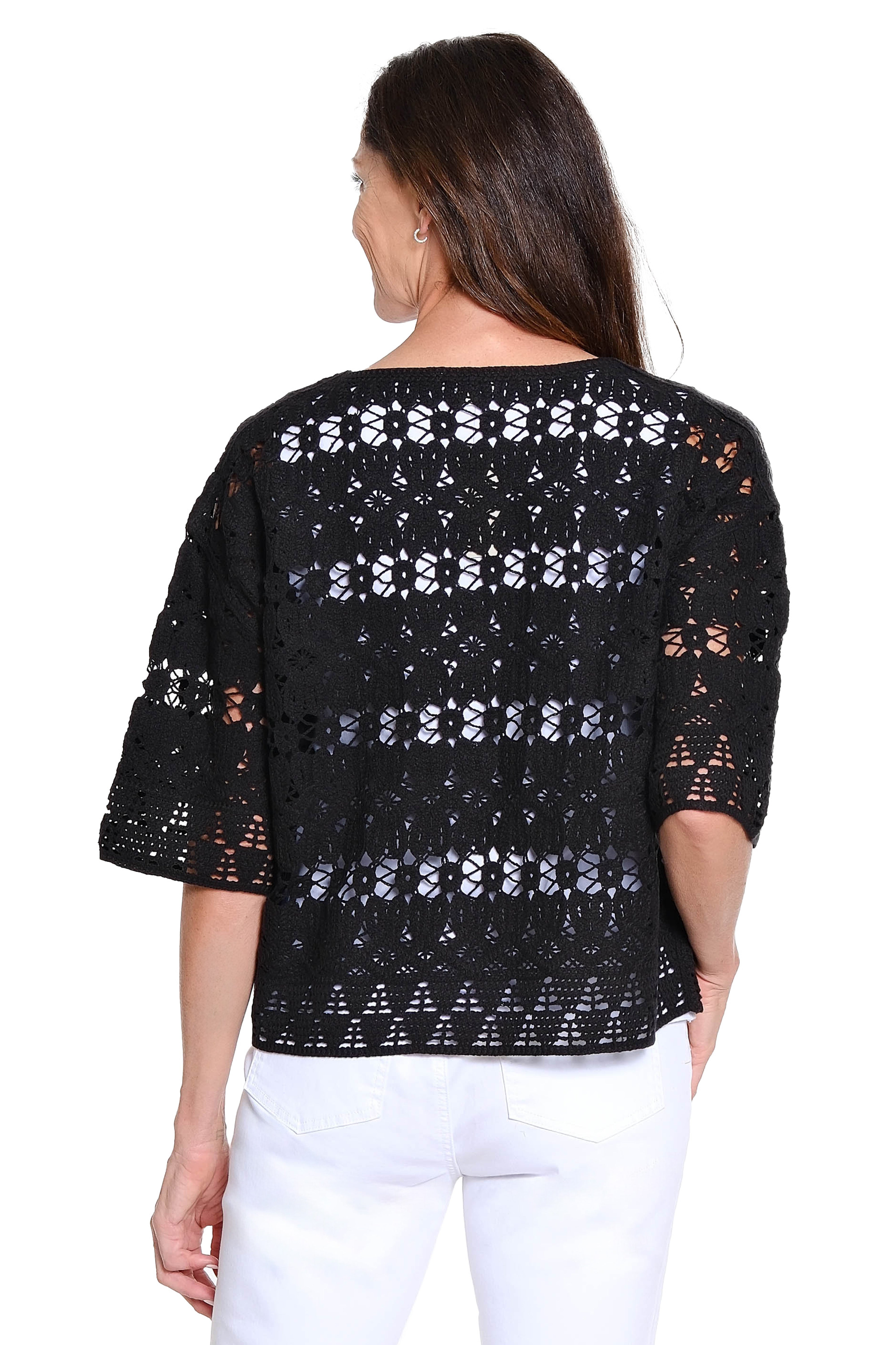 Machine Crochet Popover Top – Black