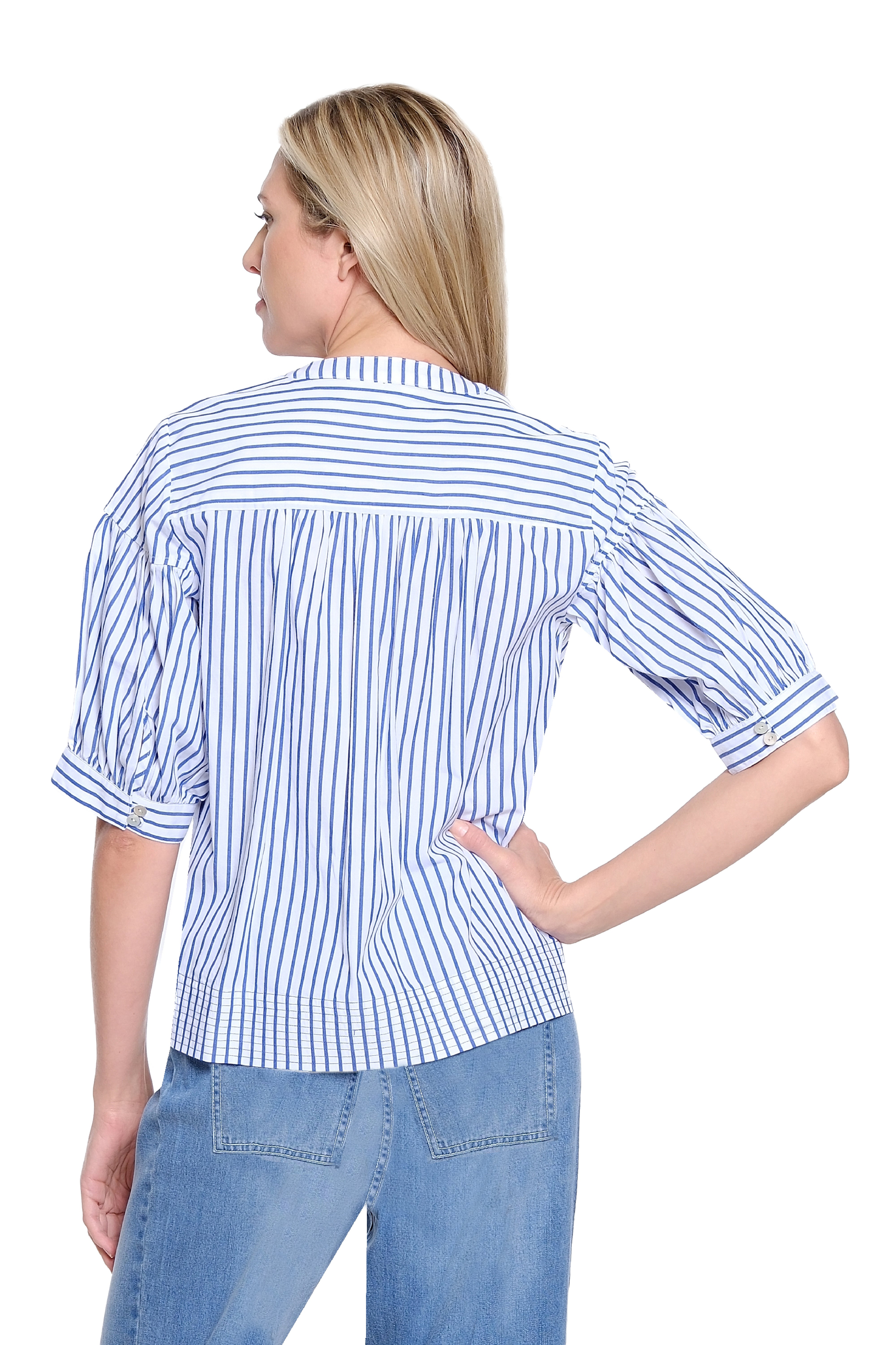 Split Neck Top with Trapunto Stitch Hem - Blue Stripe