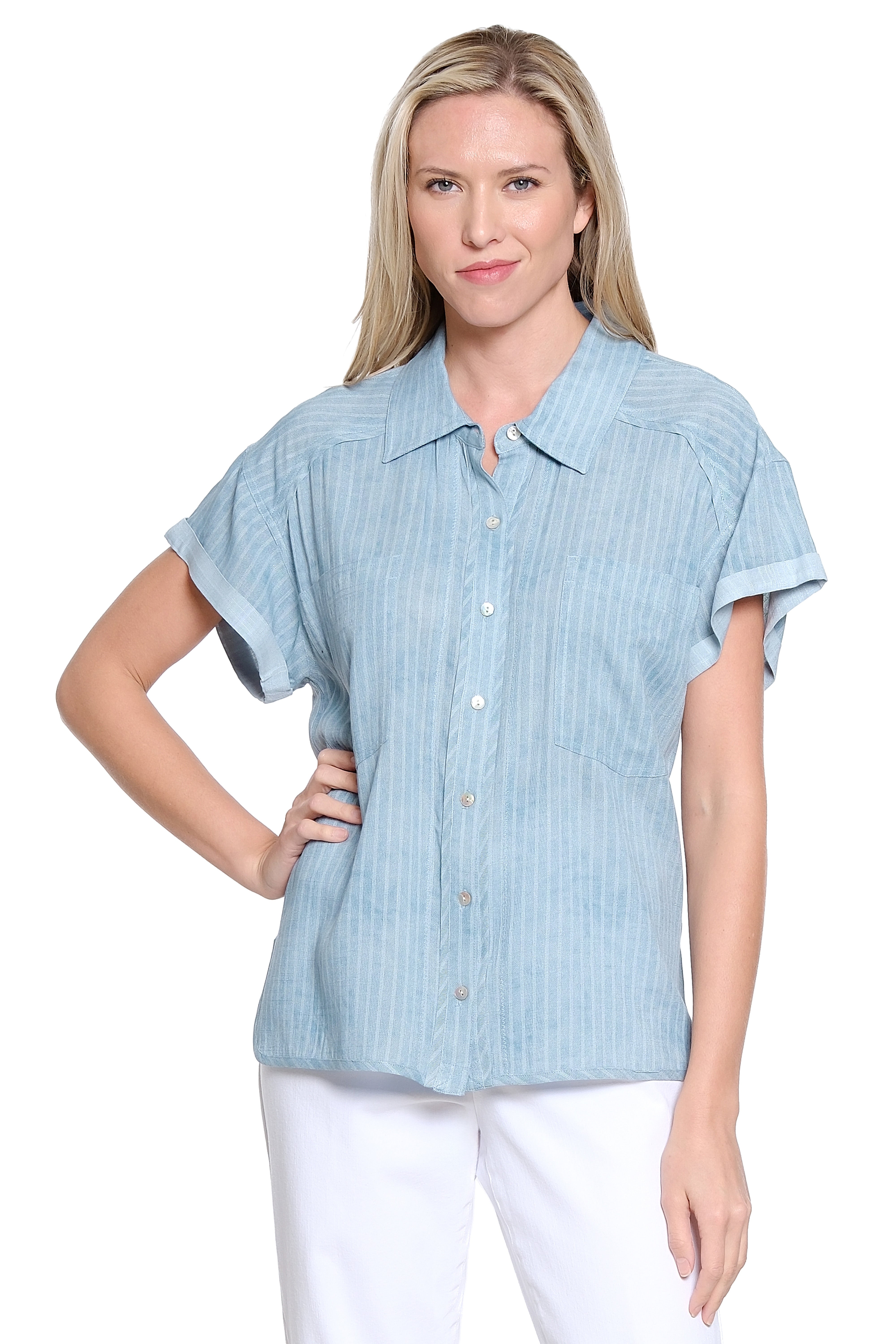 Stripe Button Up Shirt - Soft Aqua