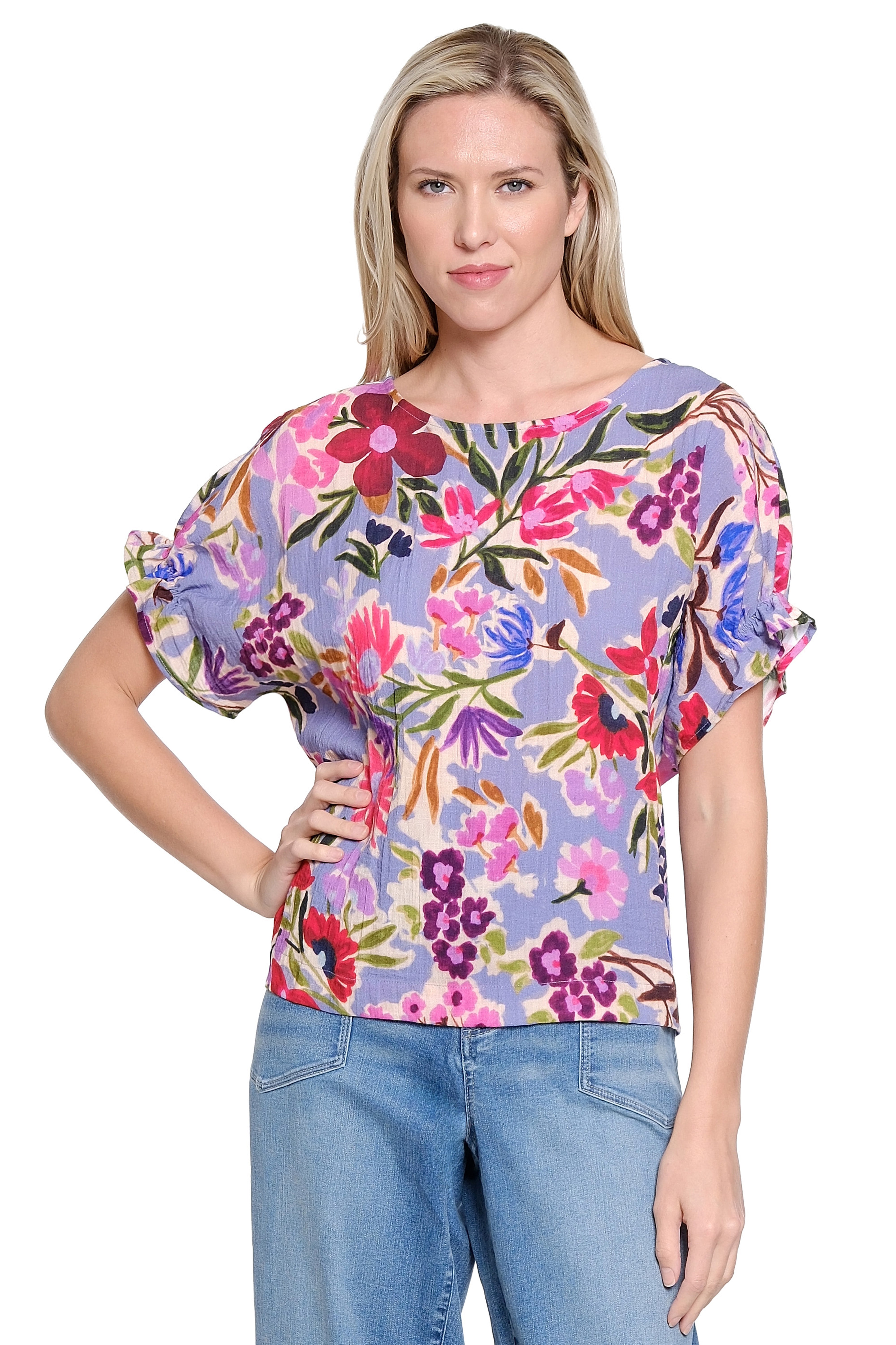 Shirred Sleeve Print Boxy Top - Multi