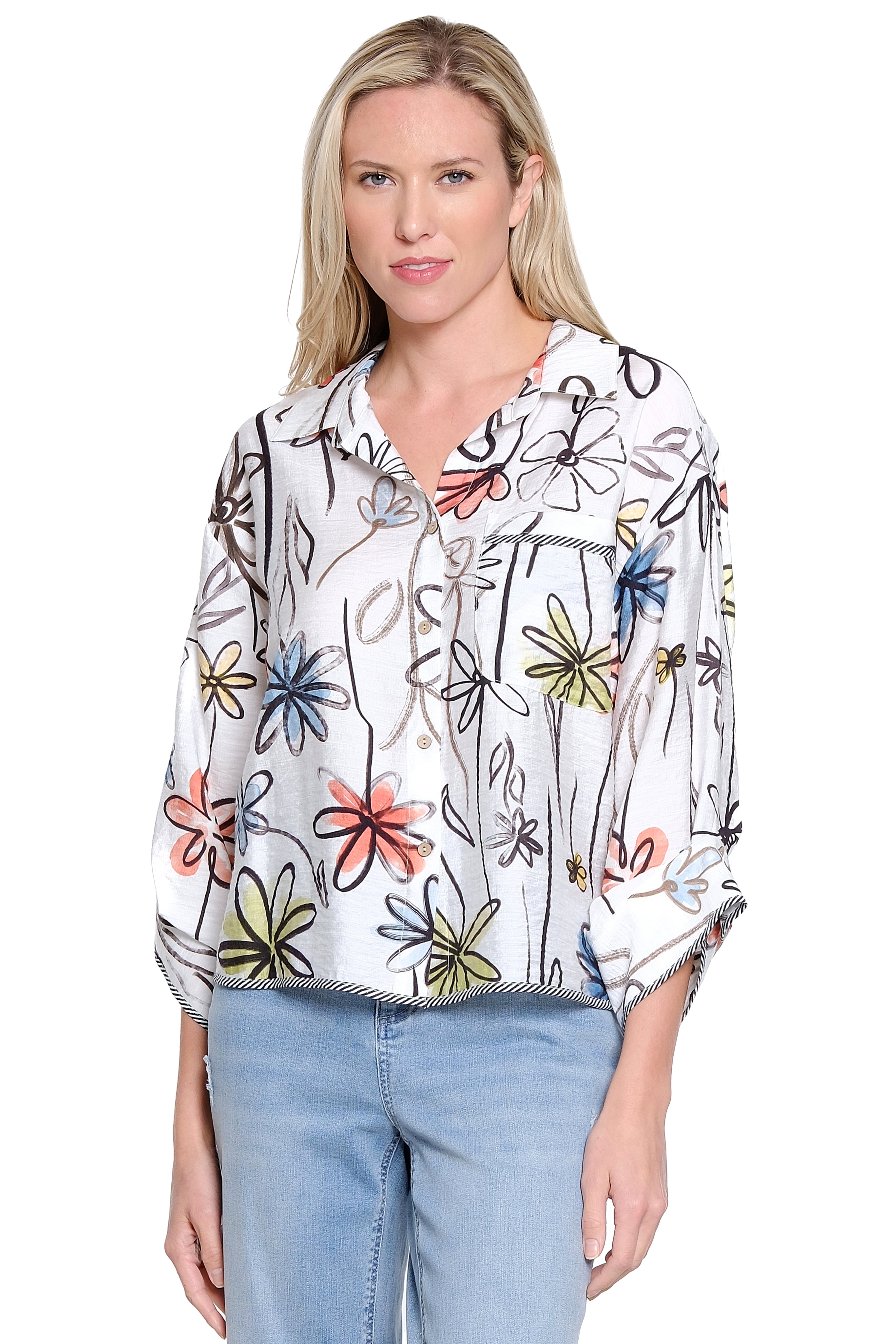 Print Camp Shirt Stripe Trim - Multi