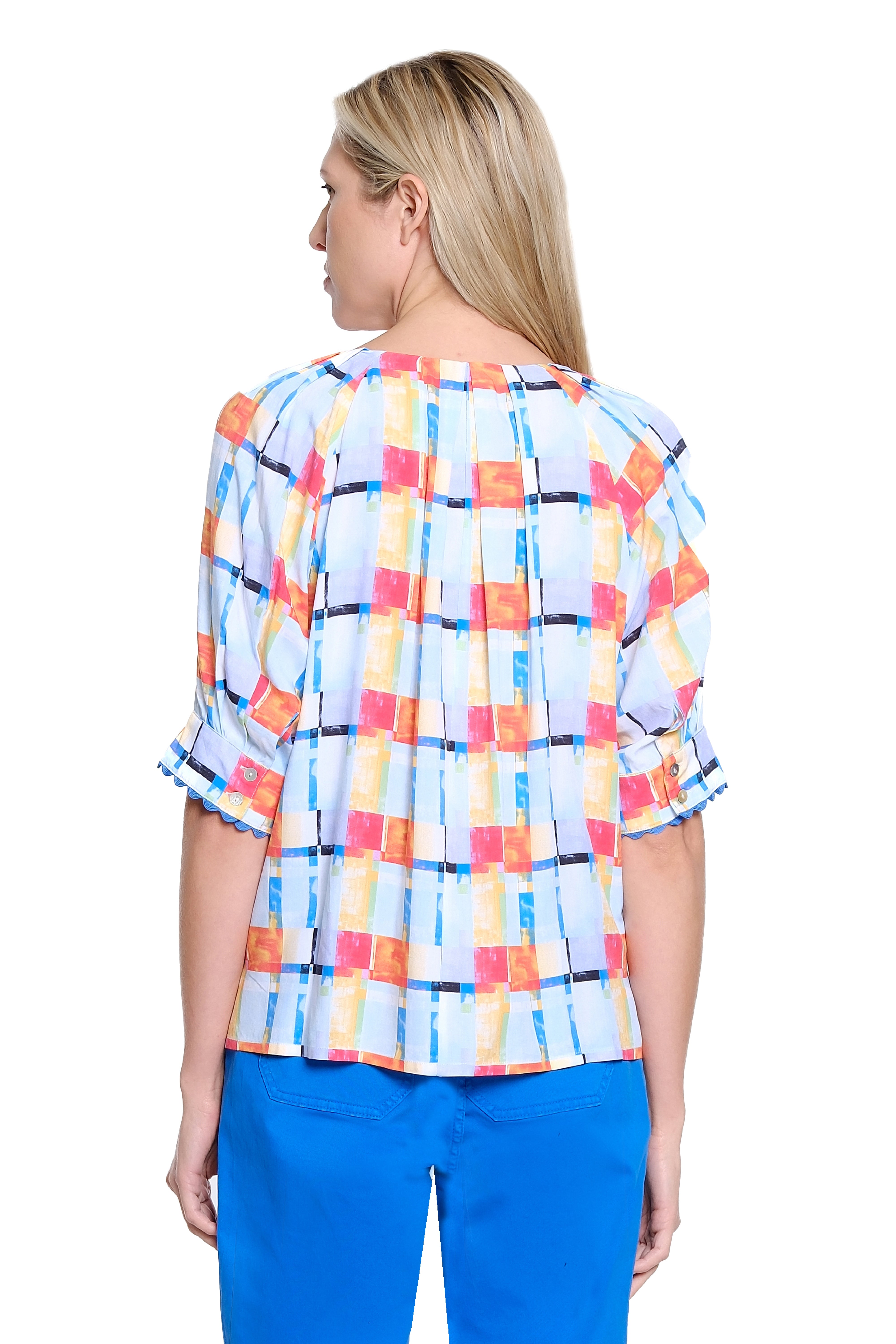 Split Neck Pop-Over Top with Zig Zag Trim - Multi