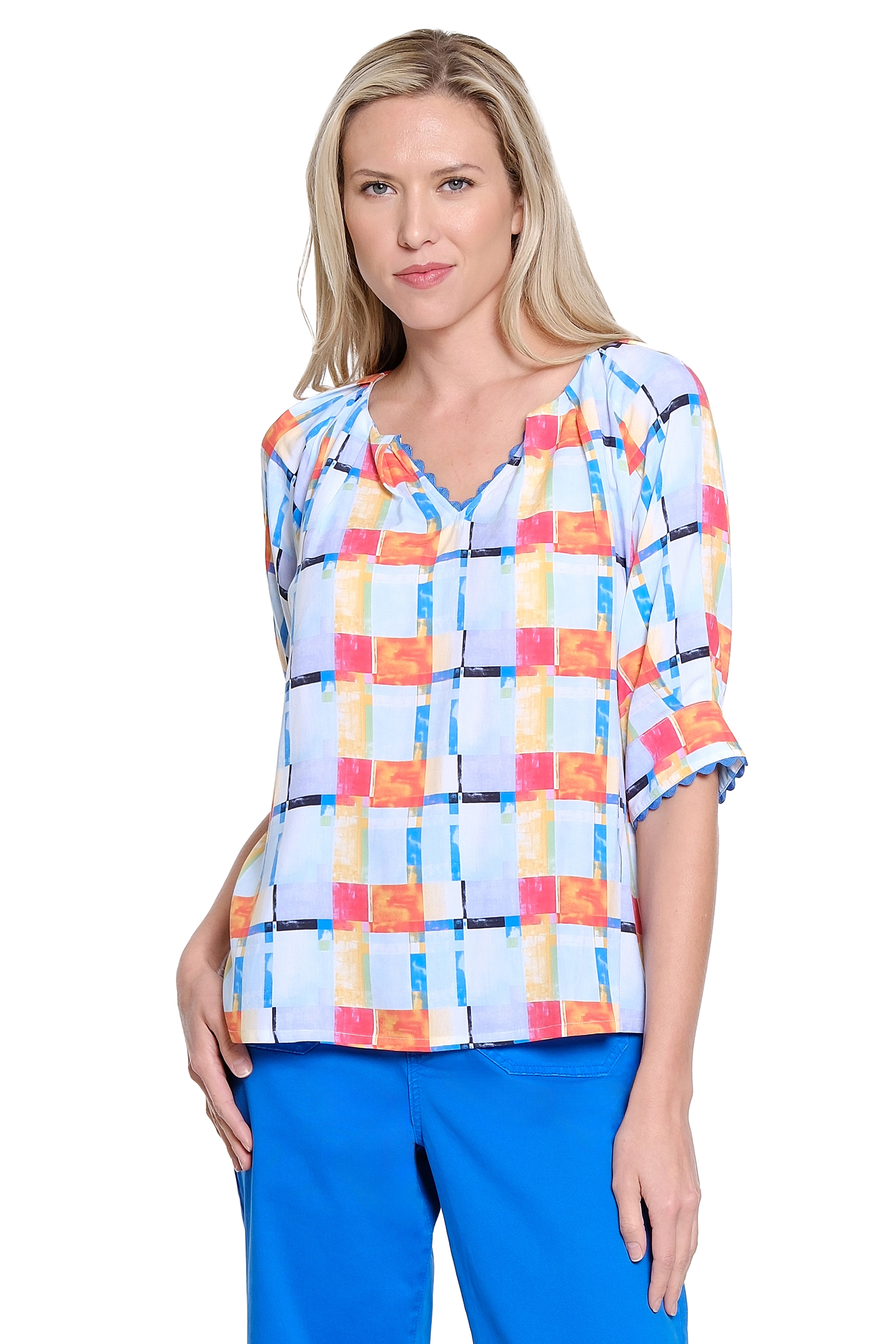 Split Neck Pop-Over Top with Zig Zag Trim - Multi