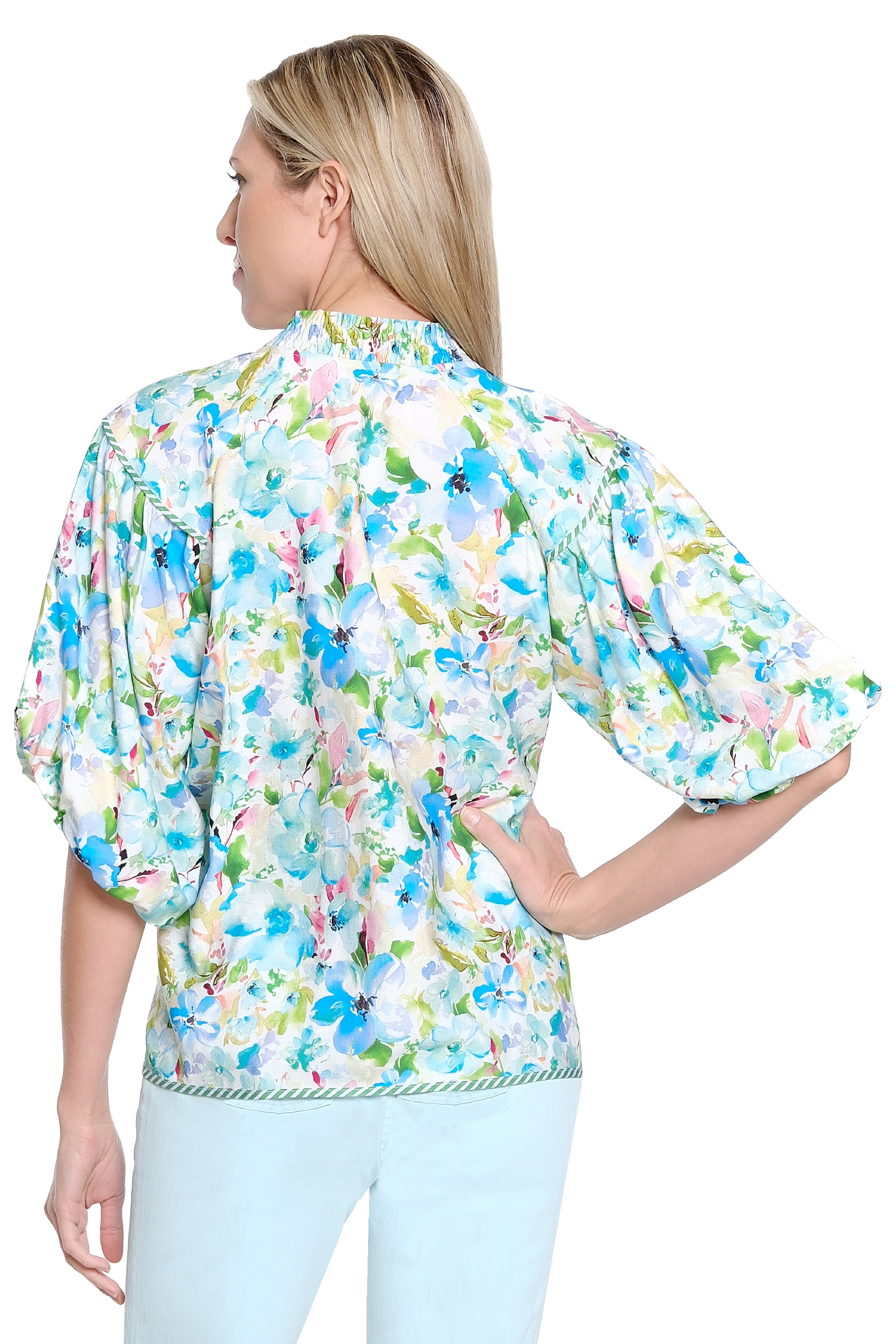 Printed Smocked-Collar Top with Balloon Sleeves - Multi