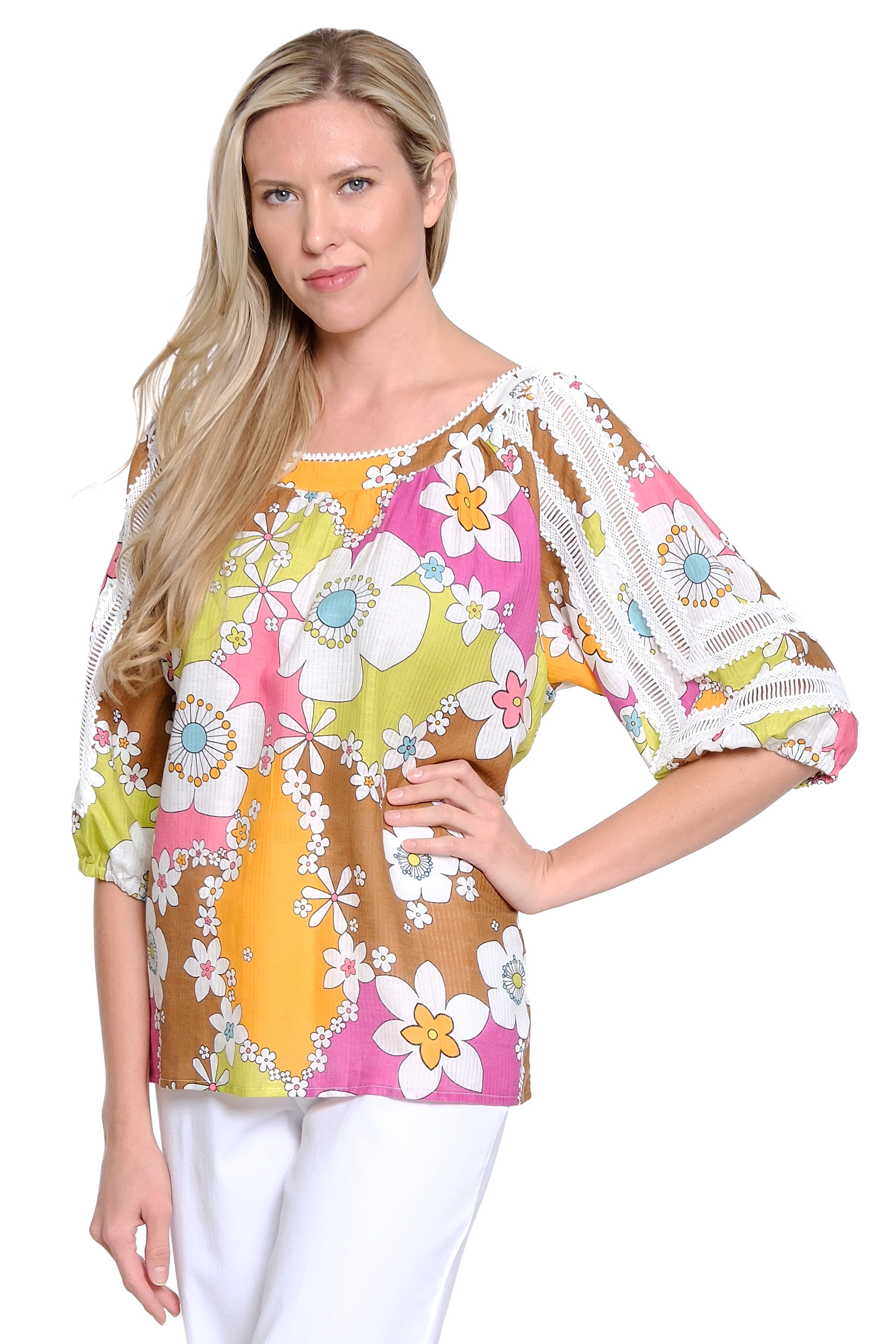 Lace-Inset Print Top - Multi