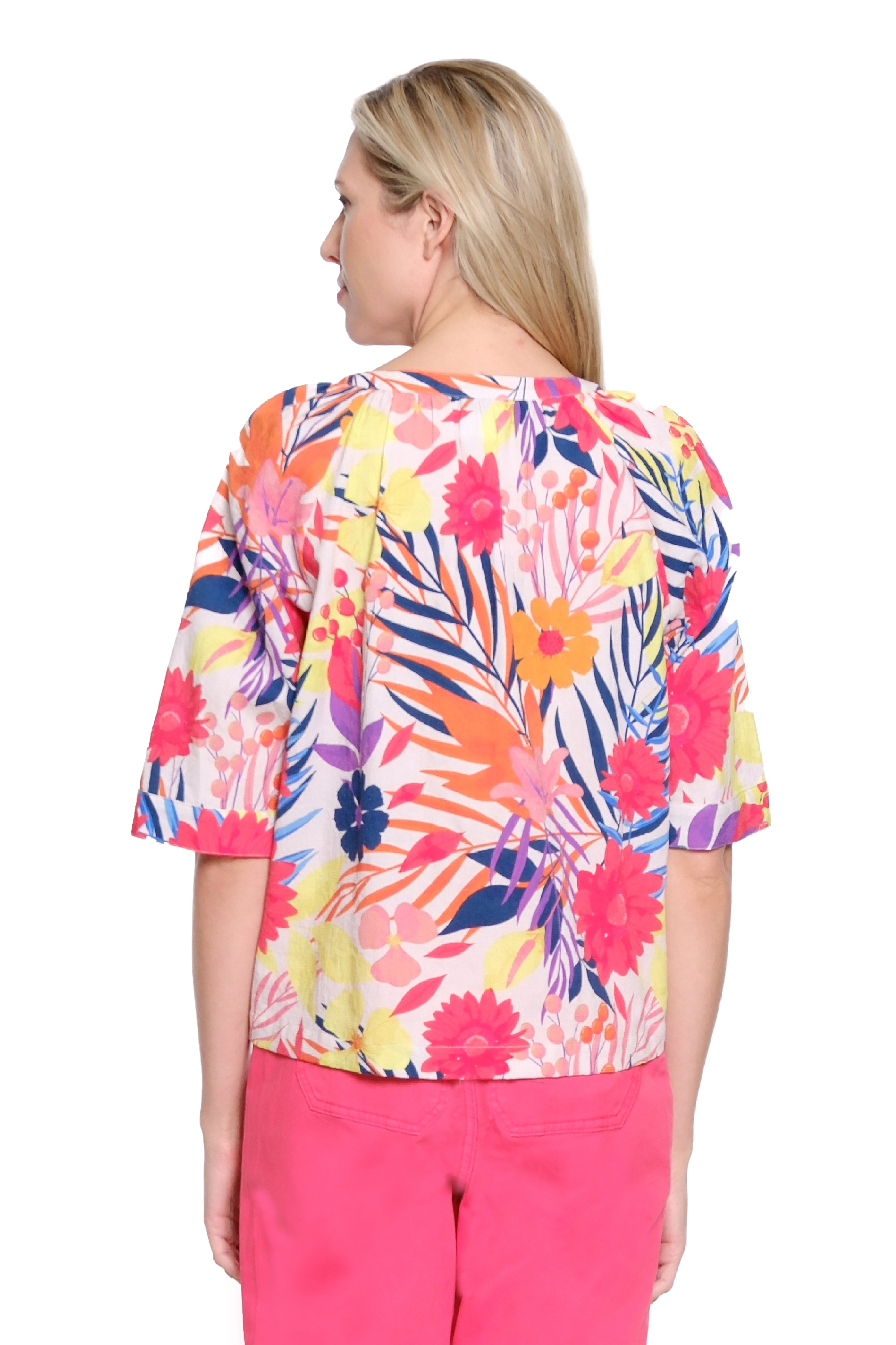 Tropical Print Split-Neck Top with Embroidery - Multi