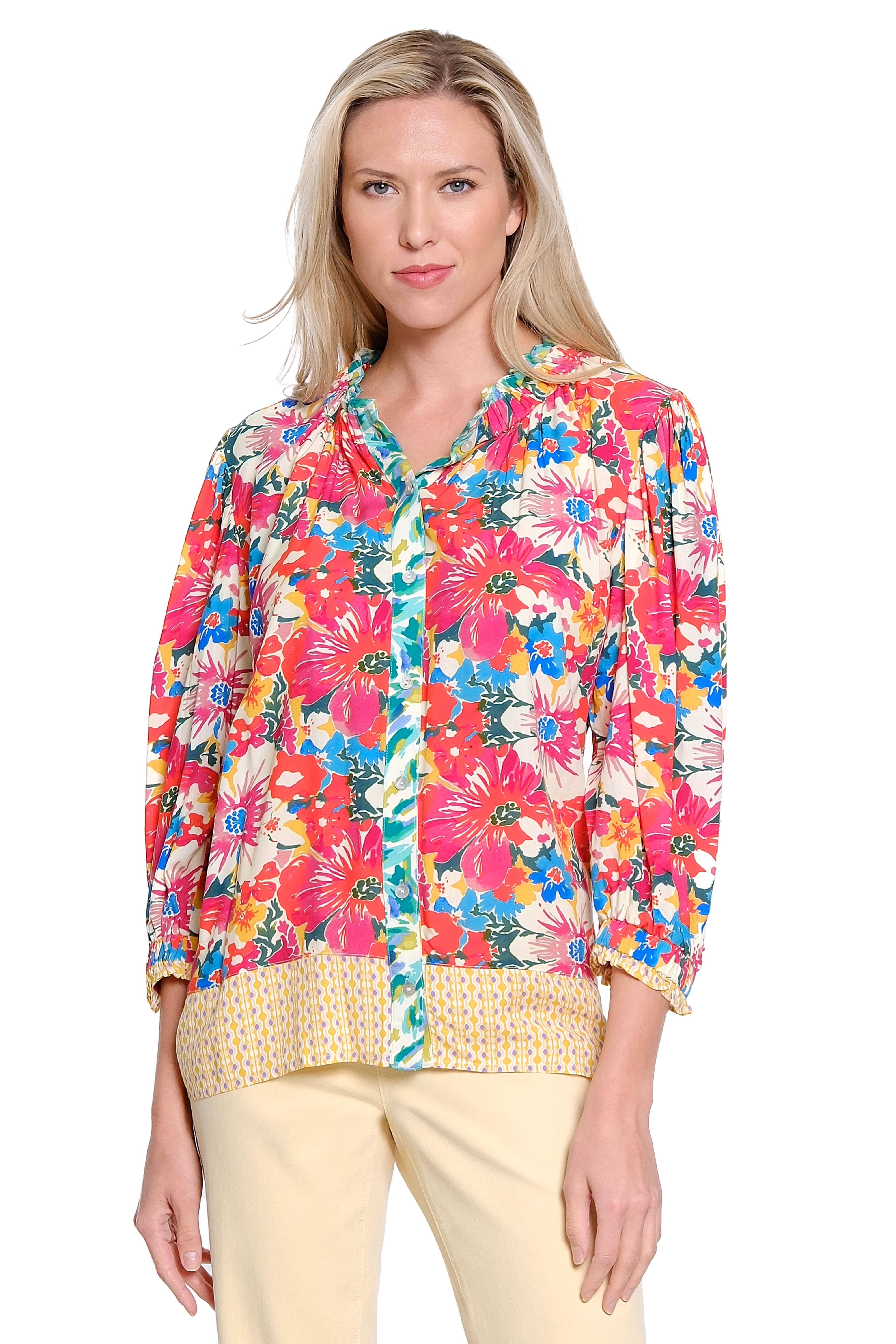 Mixed Print Elastic Collar Button Up Top - Multi