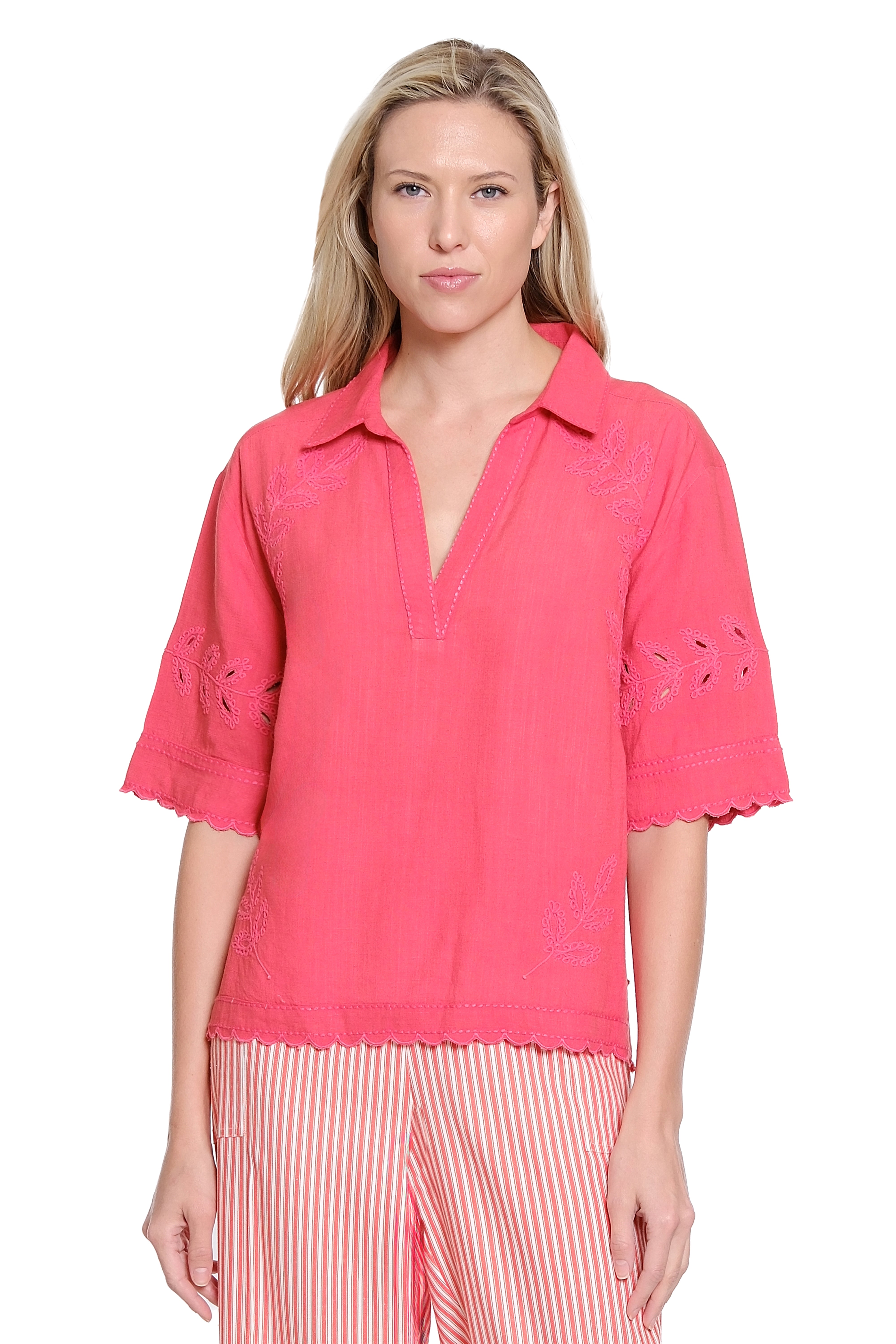Cord Embroidery Pullover with Scallop Edge - Tomato Red