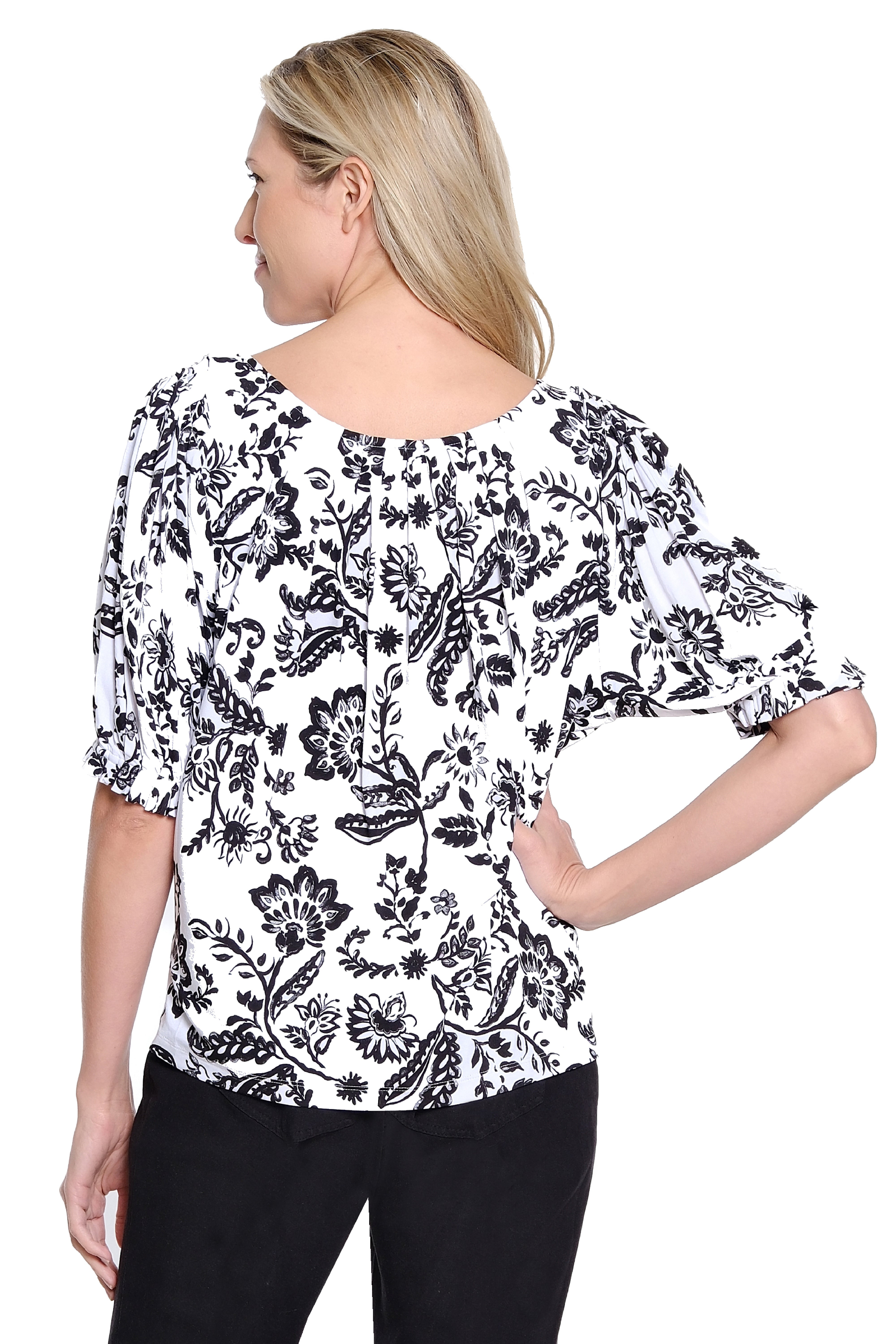 Pleated Detail Knit Top - White/Black Print
